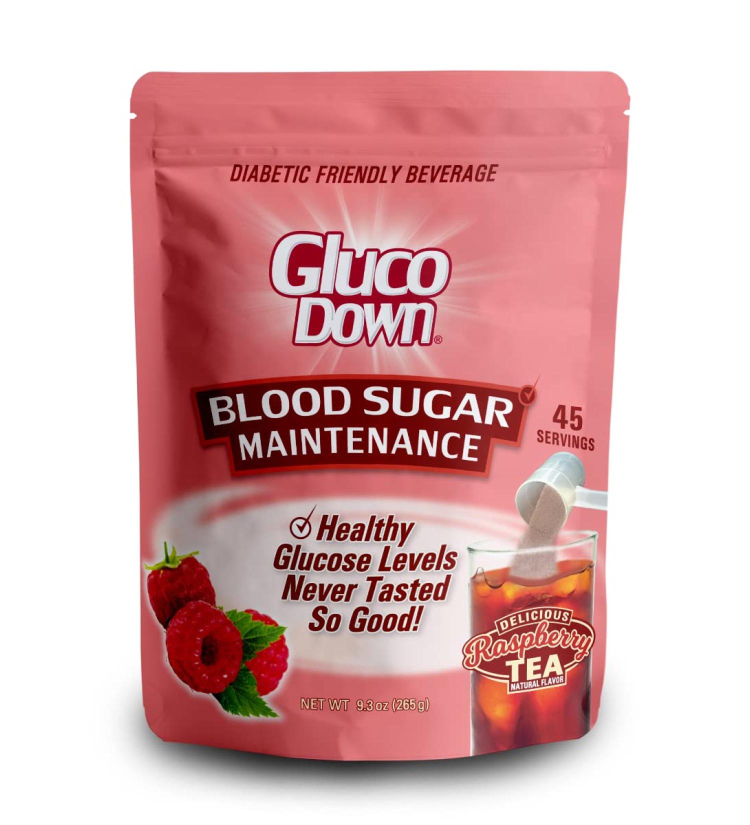 GLUCODOWN Raspberry Tea Mix - Supports Healthy Blood Sugar Levels, Diabetic Friendly - 45 Servings - Buy Online on GoSupps.com