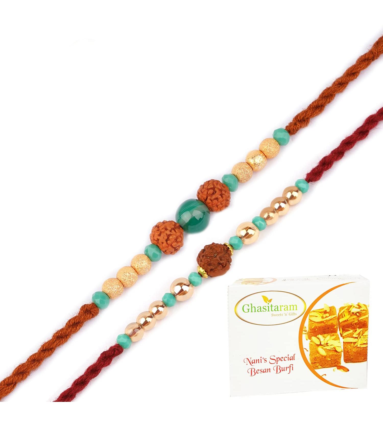 Ghasitaram Gifts Rakhi for Brother Rakhis Online - Set of 2-1891 and 1903 Rudraksh Rakhis with 400 GMS of Besan Barfi - Buy Online on GoSupps.com