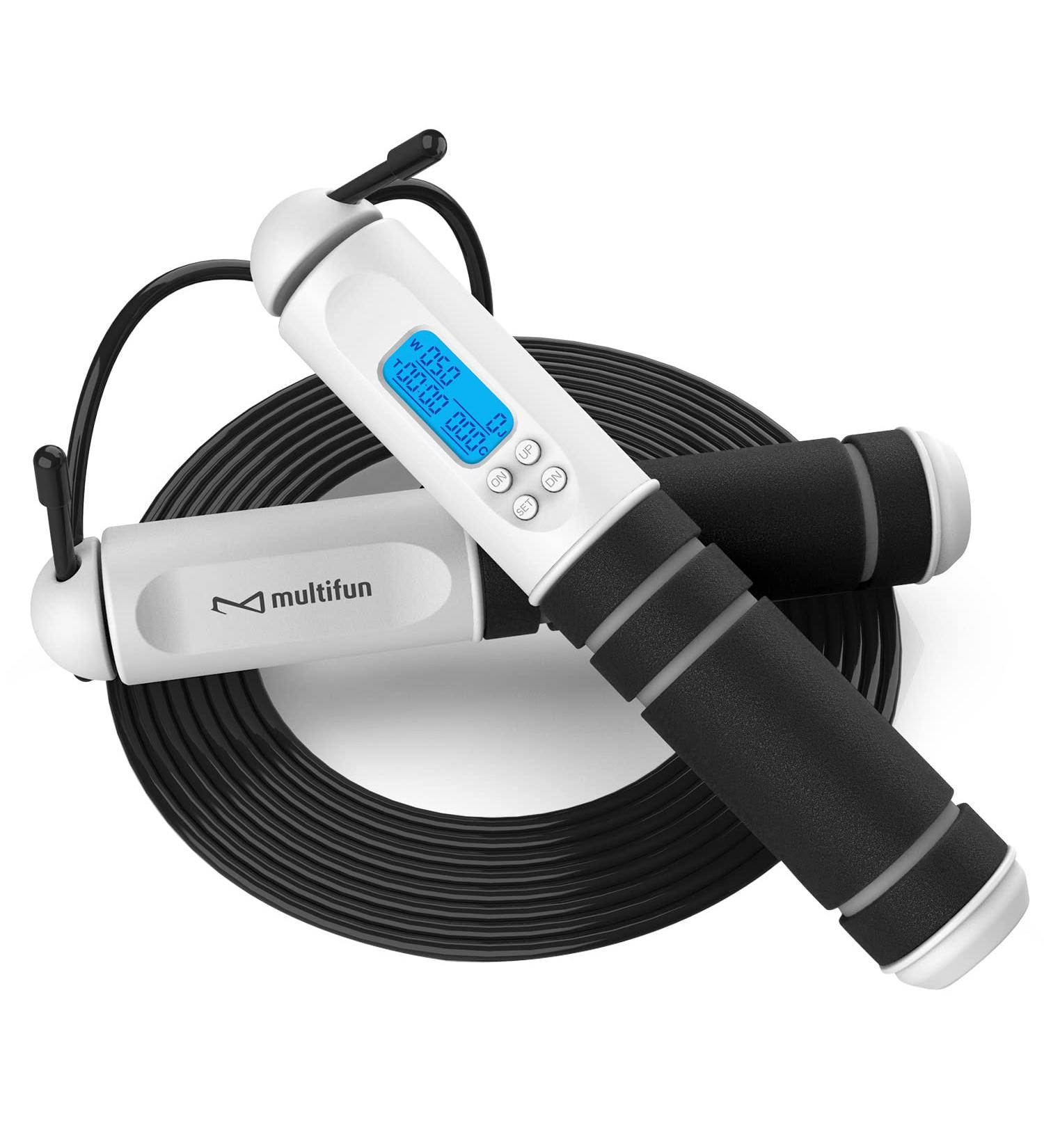 Multifun Speed Skipping Rope with Calorie Counter - Adjustable Digital Counting Jump Rope for Fitness & Boxing - Black/White - Buy Online on GoSupps.com