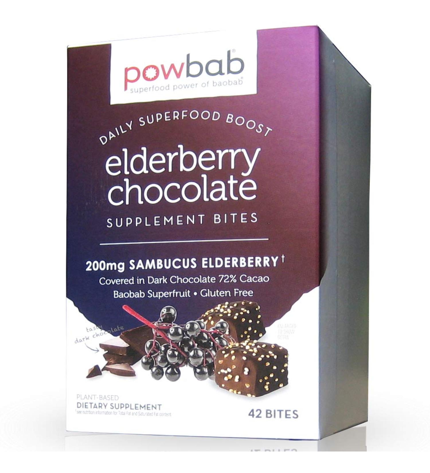 powbab Elderberry Chocolate Bites with Organic Sambucus Elderberry. 33% Less Sugar Than Elderberry Gummies. Organic Dark Chocolate 72% Cacao. Baobab Acerola Cherry (42 Count) - Buy Online on GoSupps.com