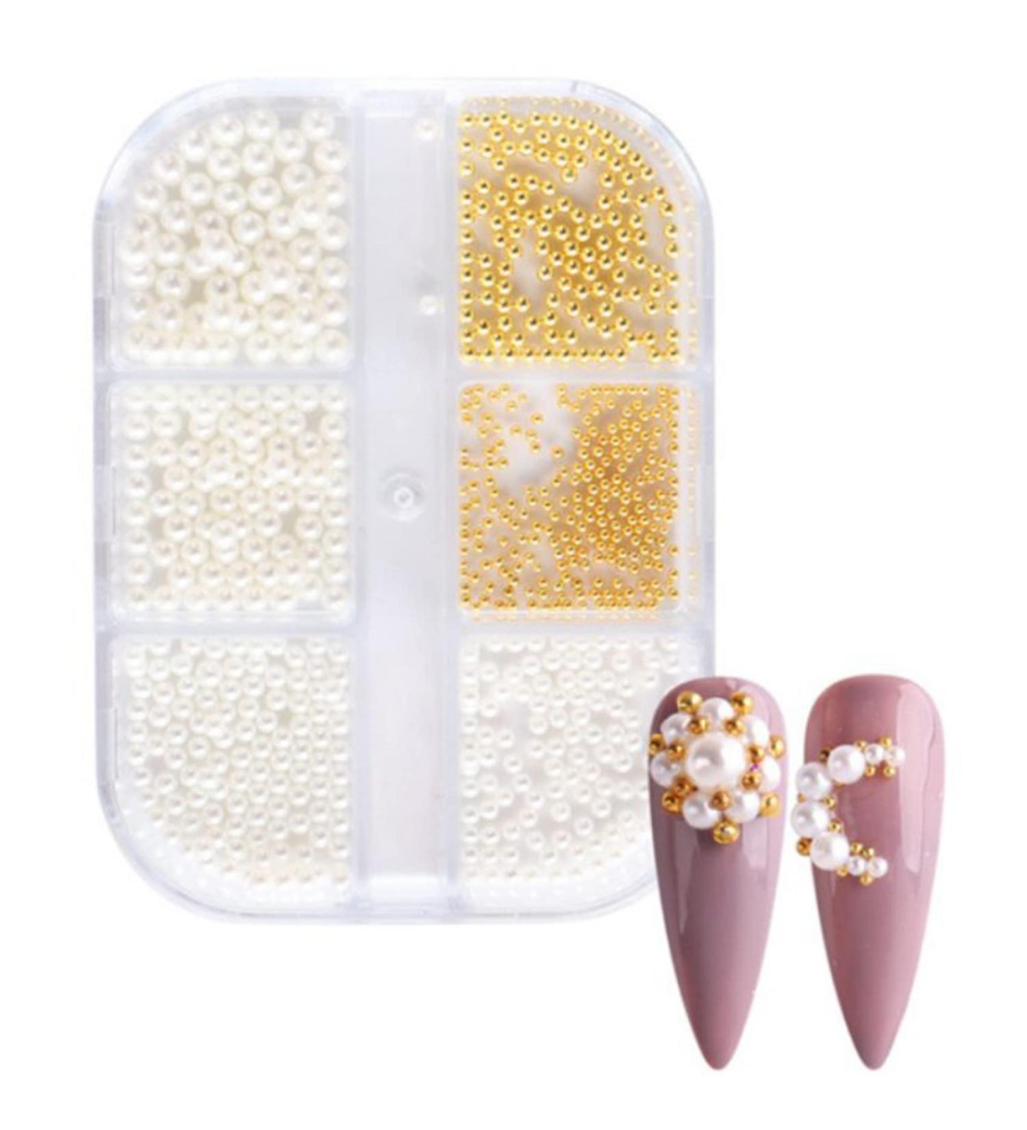 Rafstya 1Box Pearl Decorations Nail Charms White Round Nail Parts Gold Steel Beads Balls Jewelry Nail Art Accessories Color:ZZ01 - Buy Online on GoSupps.com