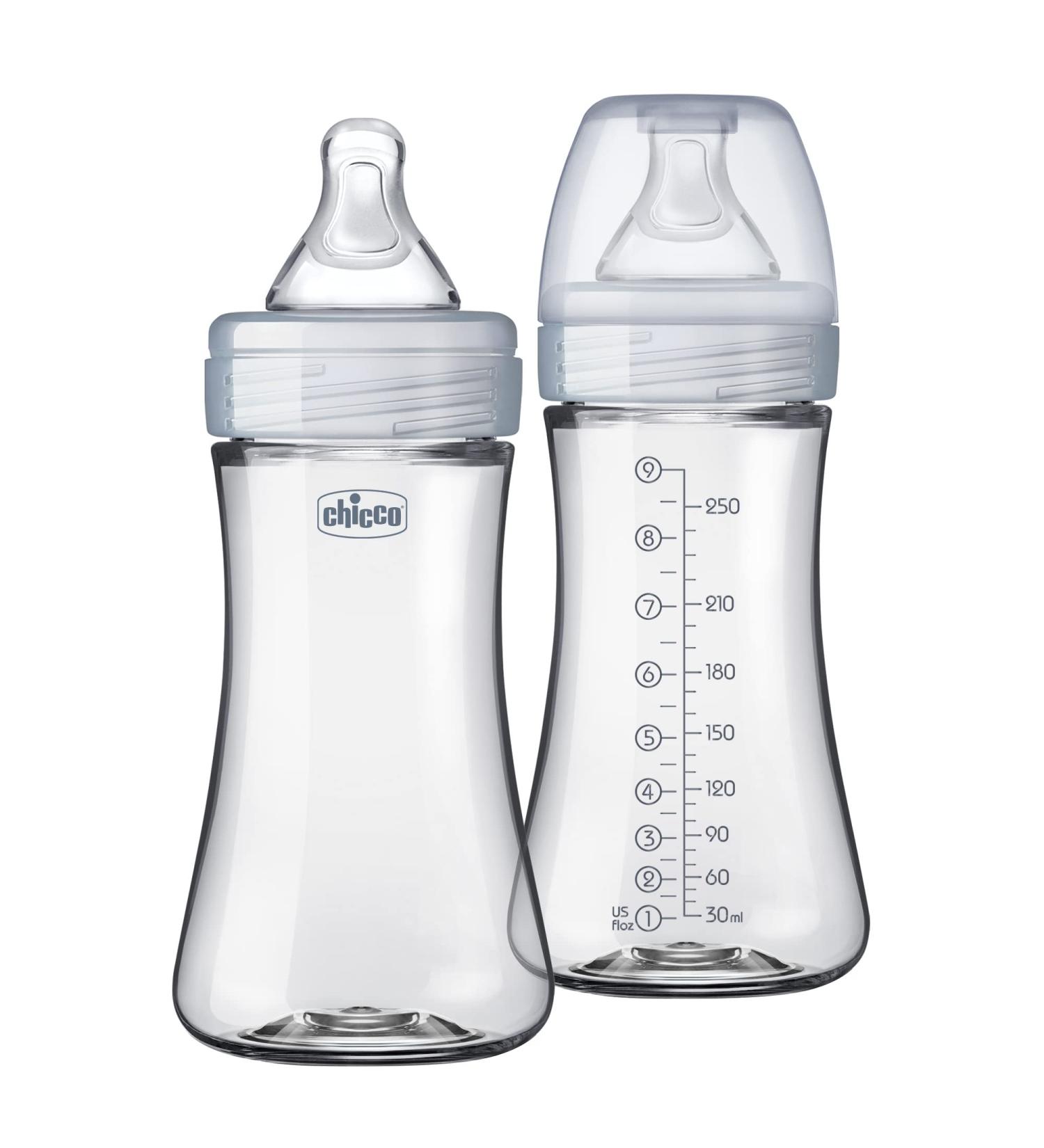 Chicco Duo 9oz. Hybrid Baby Bottle 2-Pack - Clear/Grey with Slow Flow Anti-Colic Nipple - Buy Online on GoSupps.com