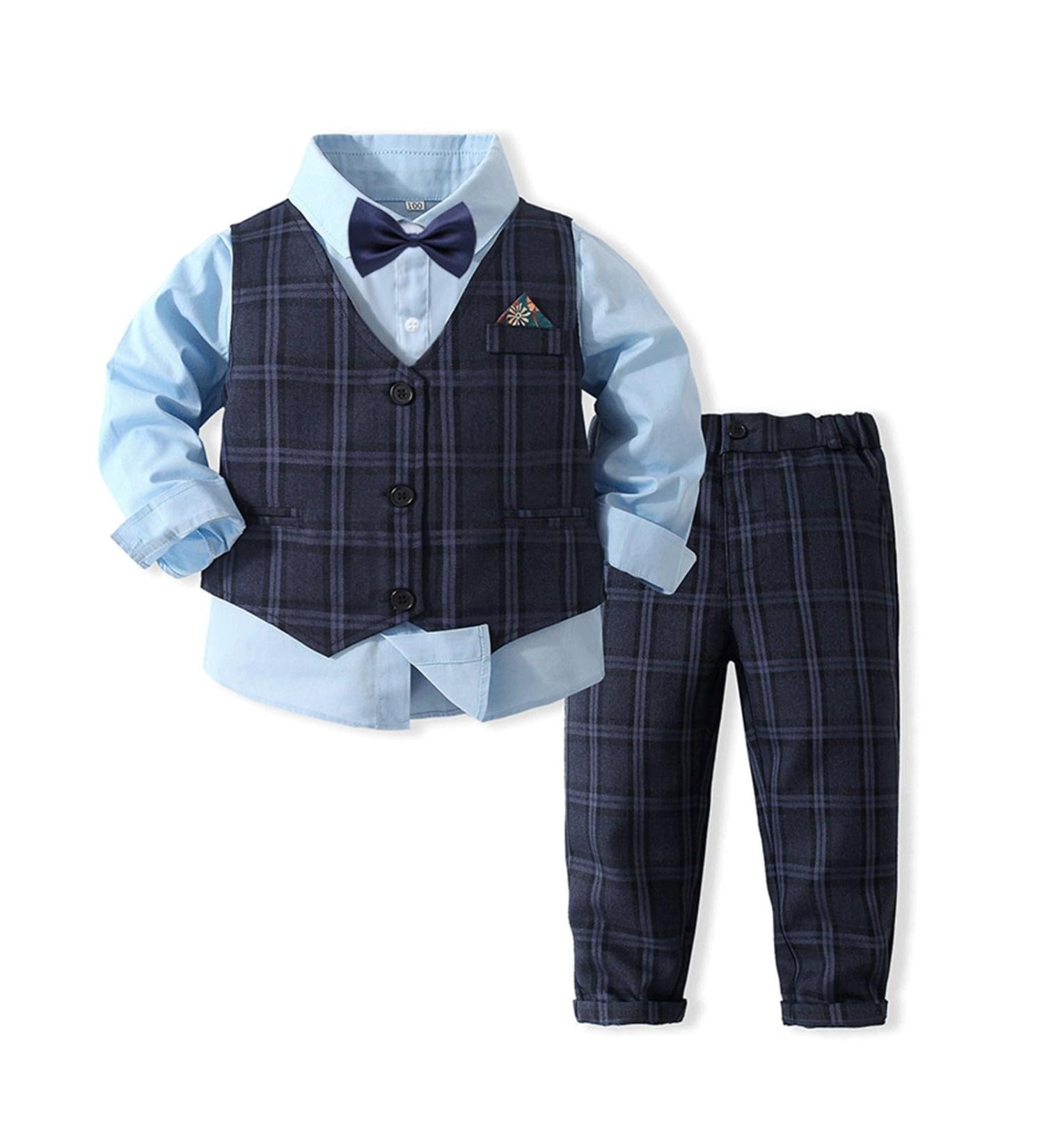 Volunboy Baby Boys Gentleman Suit 4pcs Set | Formal Waistcoat Outfit with Wedding Shirts, Vest, and Bow Tie | Blue, 3-4 Years - Buy Online on GoSupps.com