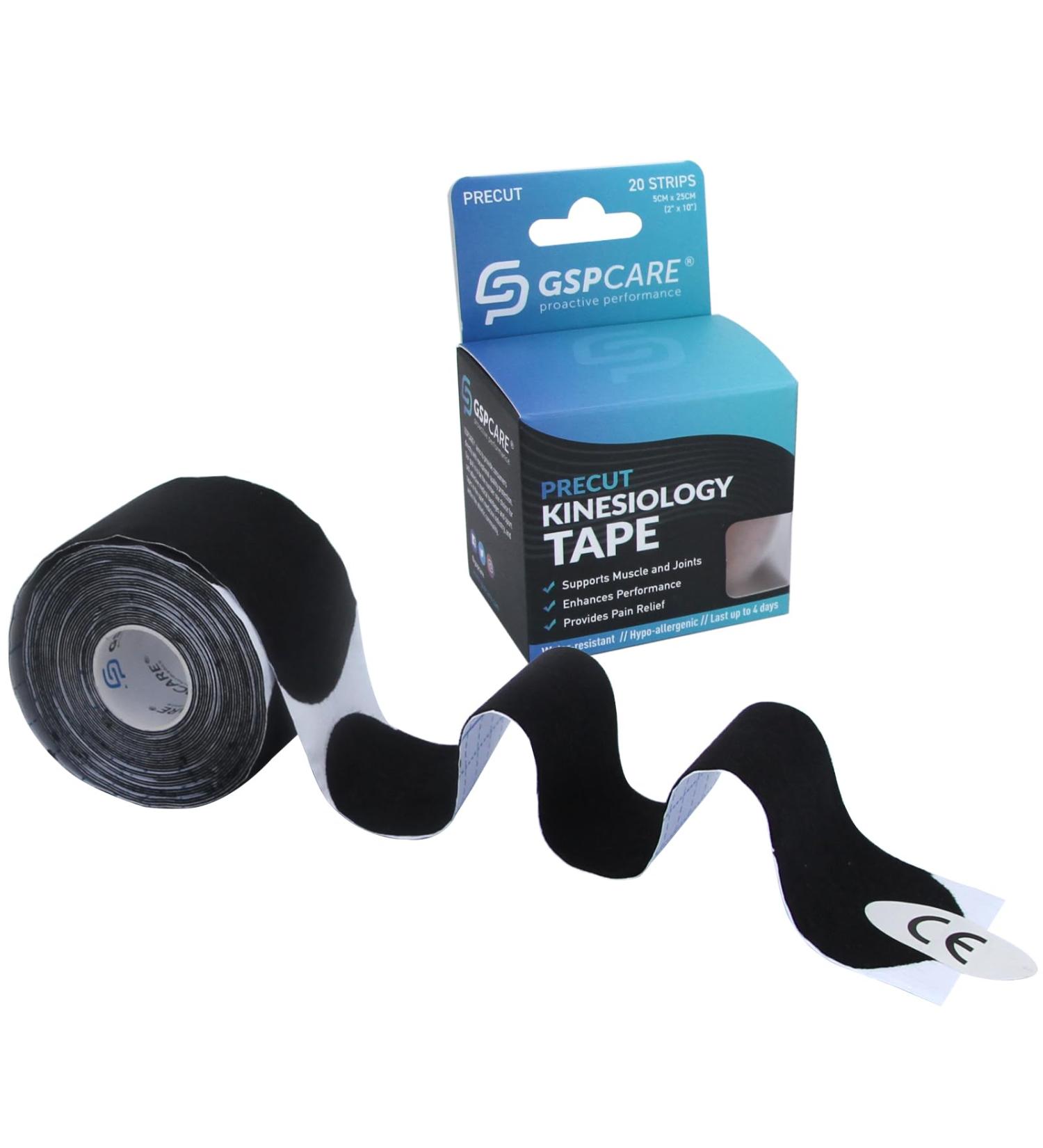 Pre-Cut Black Kinesiology Sports Tape - 20 Pieces, 5cm x 5m - Prevent Muscle Damage, Protect Joints, Relieve Pain - Buy Online on GoSupps.com