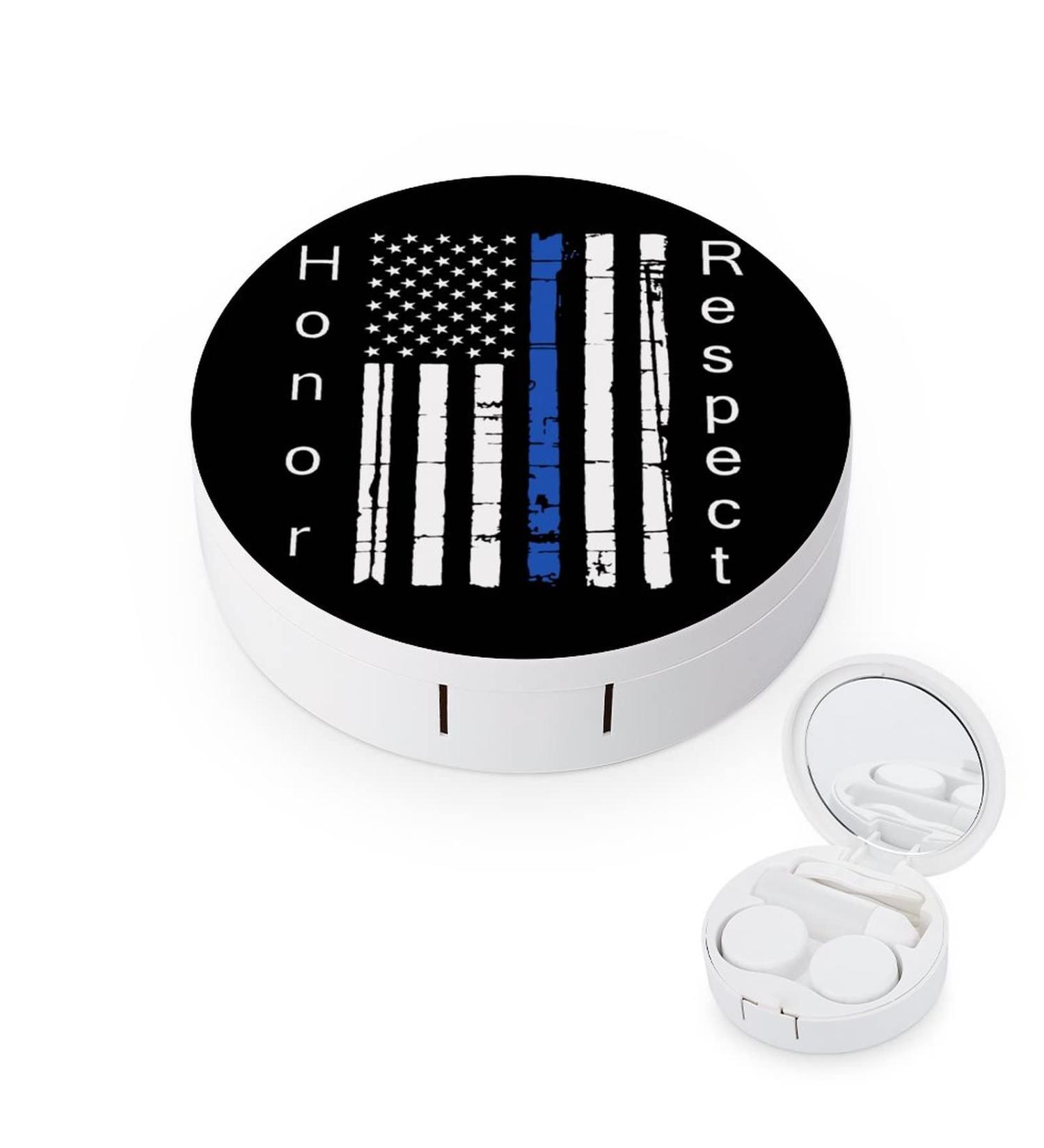 Thin Blue Line American Flag Round Case For Contact Lens Kit Storage Box with Mirror Printed - Buy Online on GoSupps.com