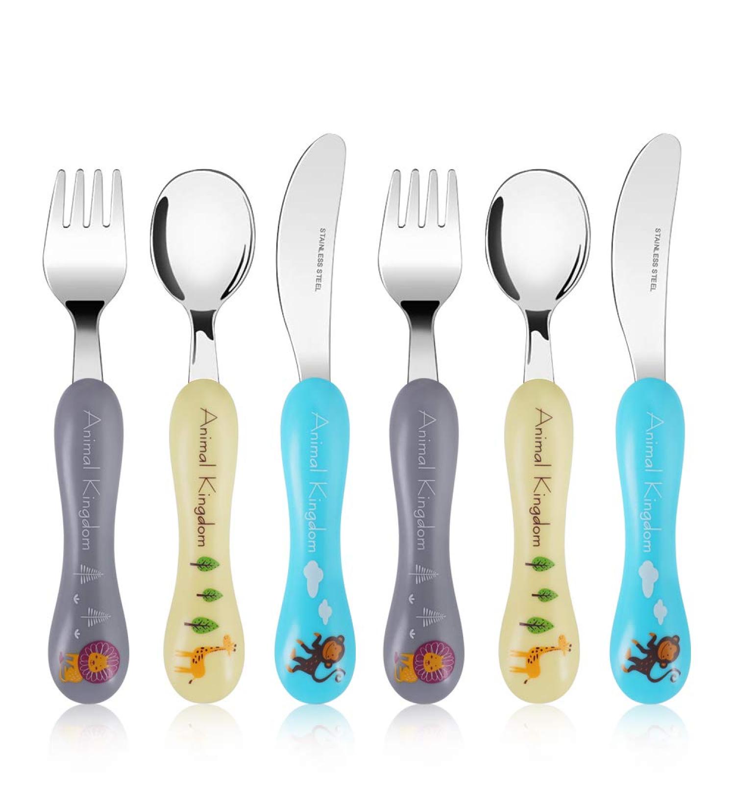 Lehoo Castle Toddler Cutlery Set - 6 Piece Stainless Steel Kids Knife and Fork Set with Safe ABS Handle - Animals Design - Grey - Buy Online on GoSupps.com
