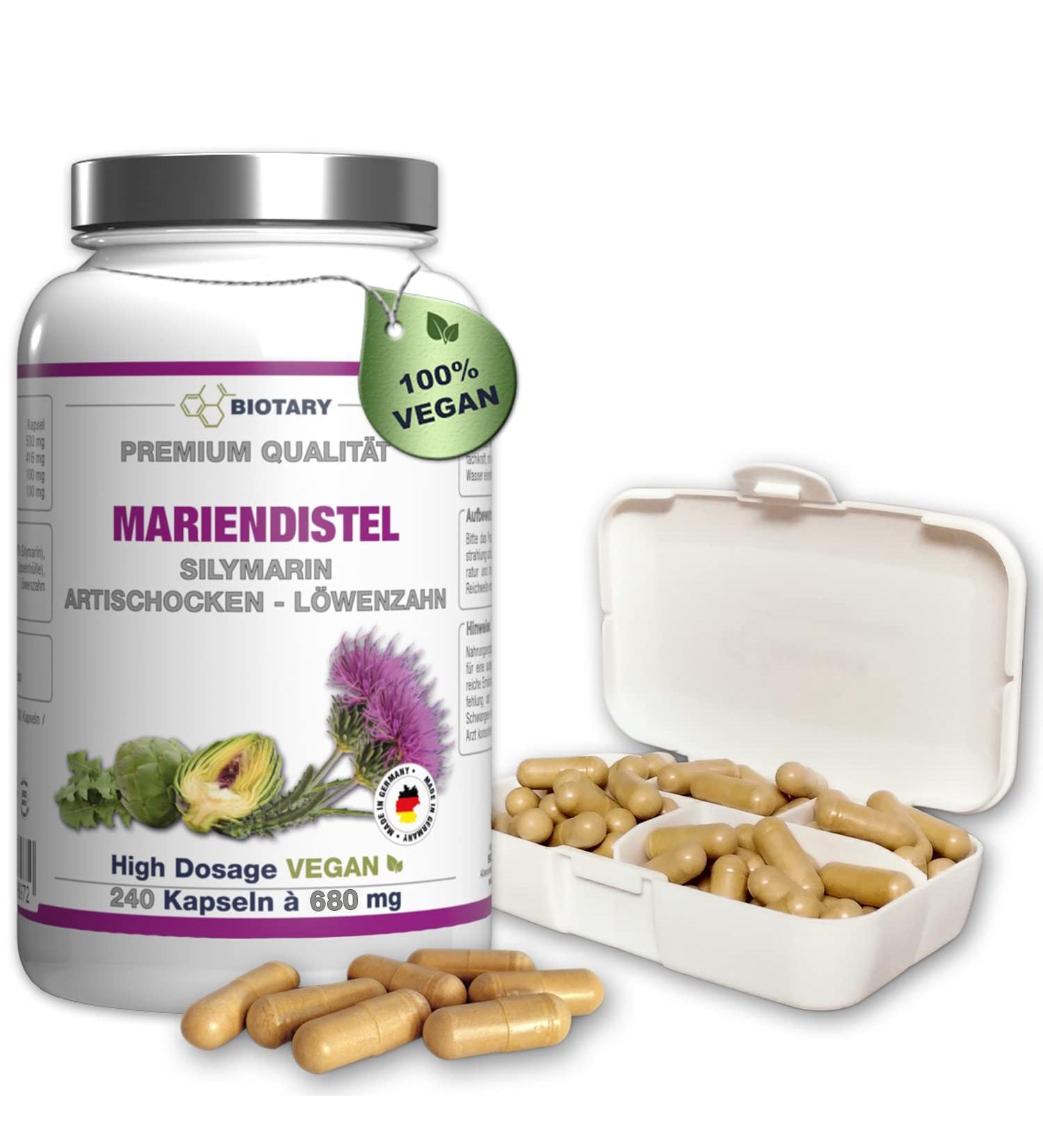 Mariendistel 820mg 240 Capsules w/ Artichokes & Dandelion - 8 Months Supply | High Dose 80% Silymarin Extract | Vegan & High Bioavailability - Buy Online on GoSupps.com