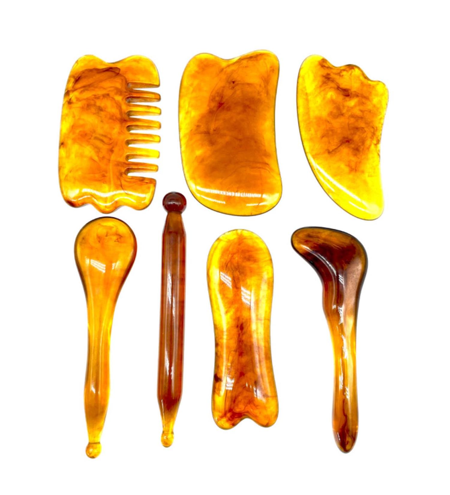 7pc Gua Sha Scraping Massage Tool Set - Natural Resin Facial Eye & Body Massage Tools for Ultimate Care | Ambe 15cm x 11cm - Buy Online on GoSupps.com
