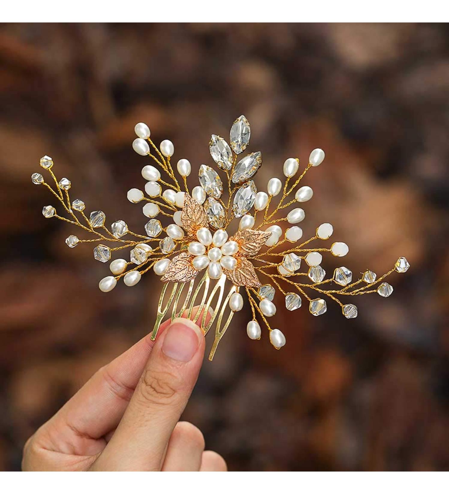 Casdre Pearl Bride Wedding Hair Comb - Crystal Rhinestone Bridal Hair Accessory for Women & Girls (Gold) - Buy Online on GoSupps.com