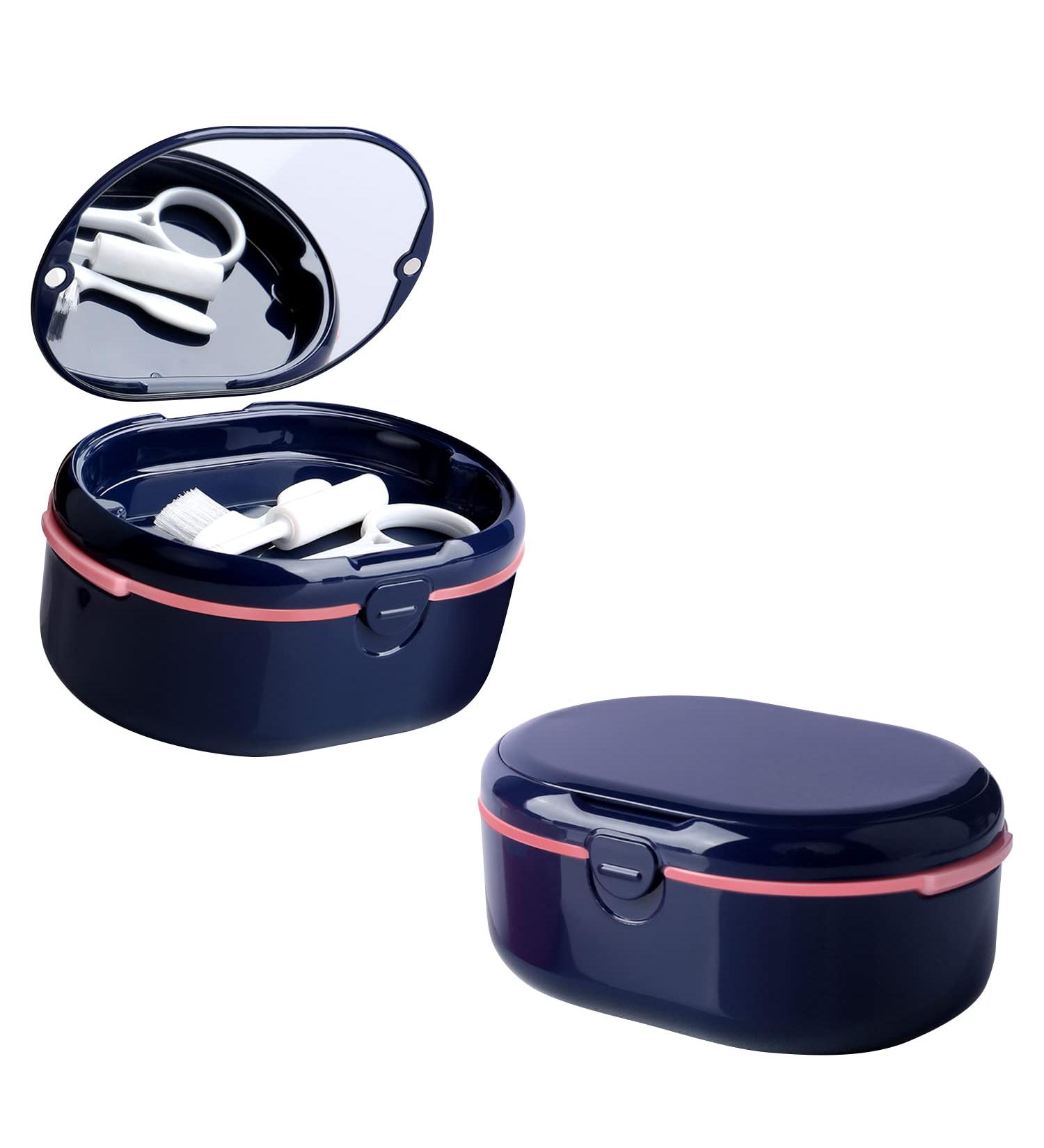 Denture Case Set - Portable Retainer Bath Box for Travel | Cleaning Care Aligner Mouth Guard with Strainer & Mirror (Blue) - Buy Online on GoSupps.com
