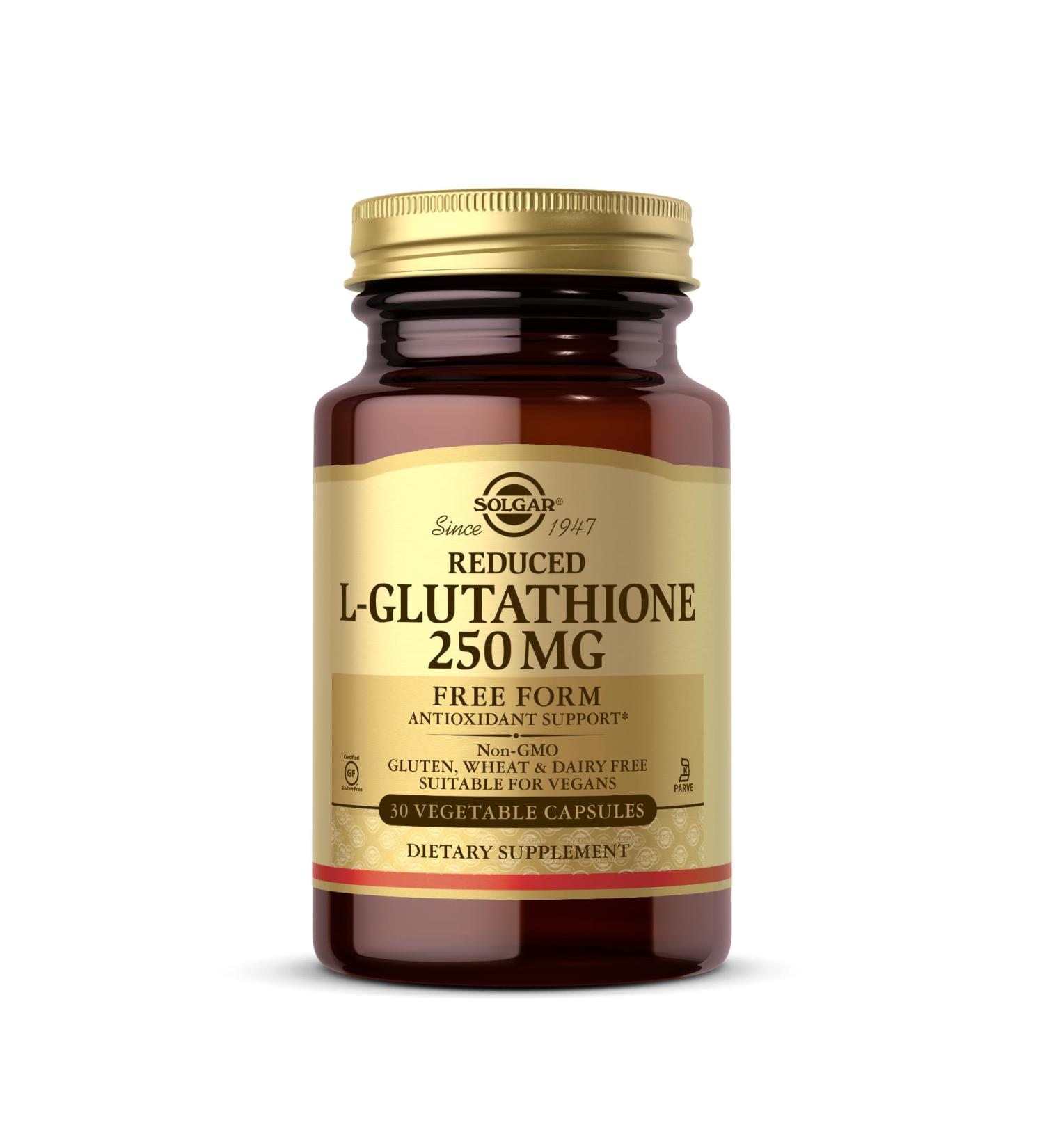 Solgar Reduced L-Glutathione 250 mg - 30 Vegetable Capsules - Antioxidant Support - Non-GMO, Vegan, Gluten Free, Dairy Free, Kosher - 30 Servings - Buy Online on GoSupps.com