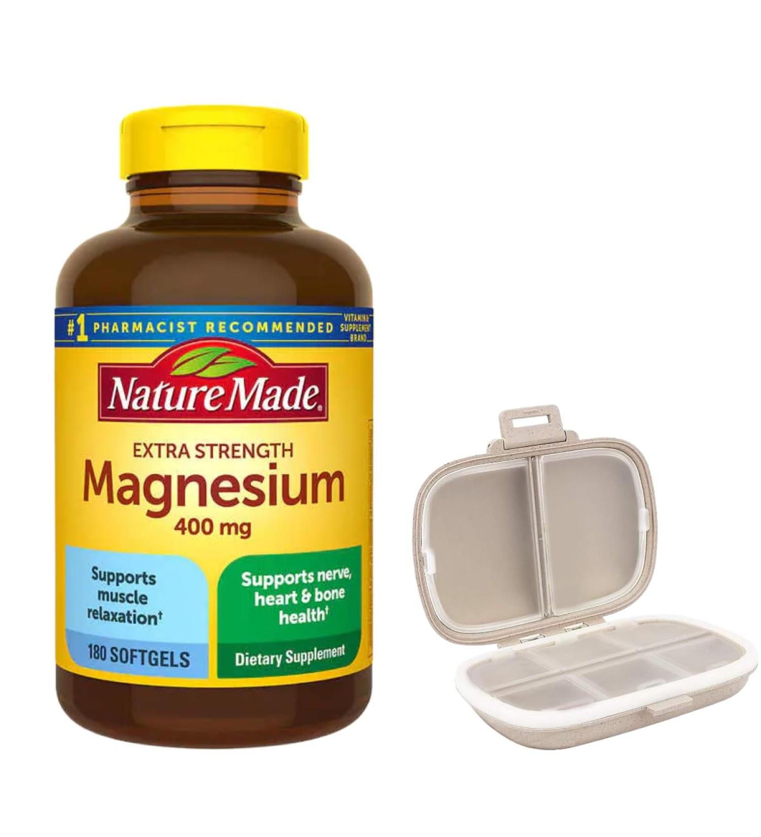 Nature Made Extra Strength Magnesium 400 mg. 180 Softgelsm Bundle with a Pill Oragnizer (2 Items)
