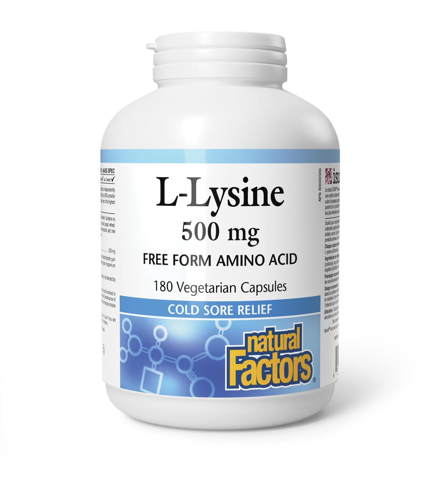 Natural Factors L-Lysine 500mg 180 vegetarian capsules Helps Reduce the Recurrence Severity and Healing Time of Cold Sores - Buy Online on GoSupps.com