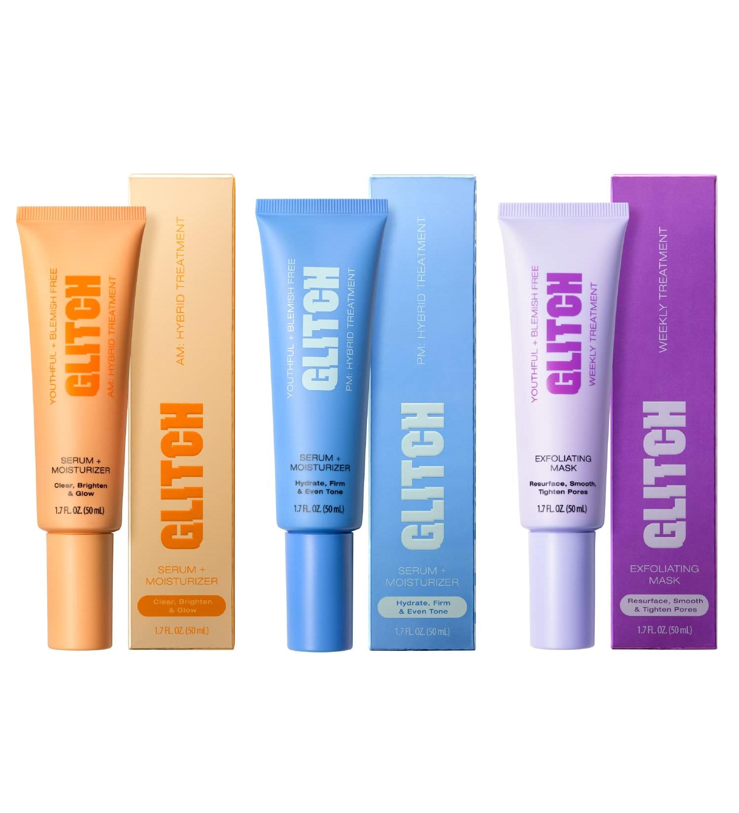GLITCH Blemish Free & Anti-Aging 3-Step Skincare Regimen for Youthful Skin - AM & PM Treatments with Exfoliating Mask - 1.7 fl oz x 3 - Buy Online on GoSupps.com