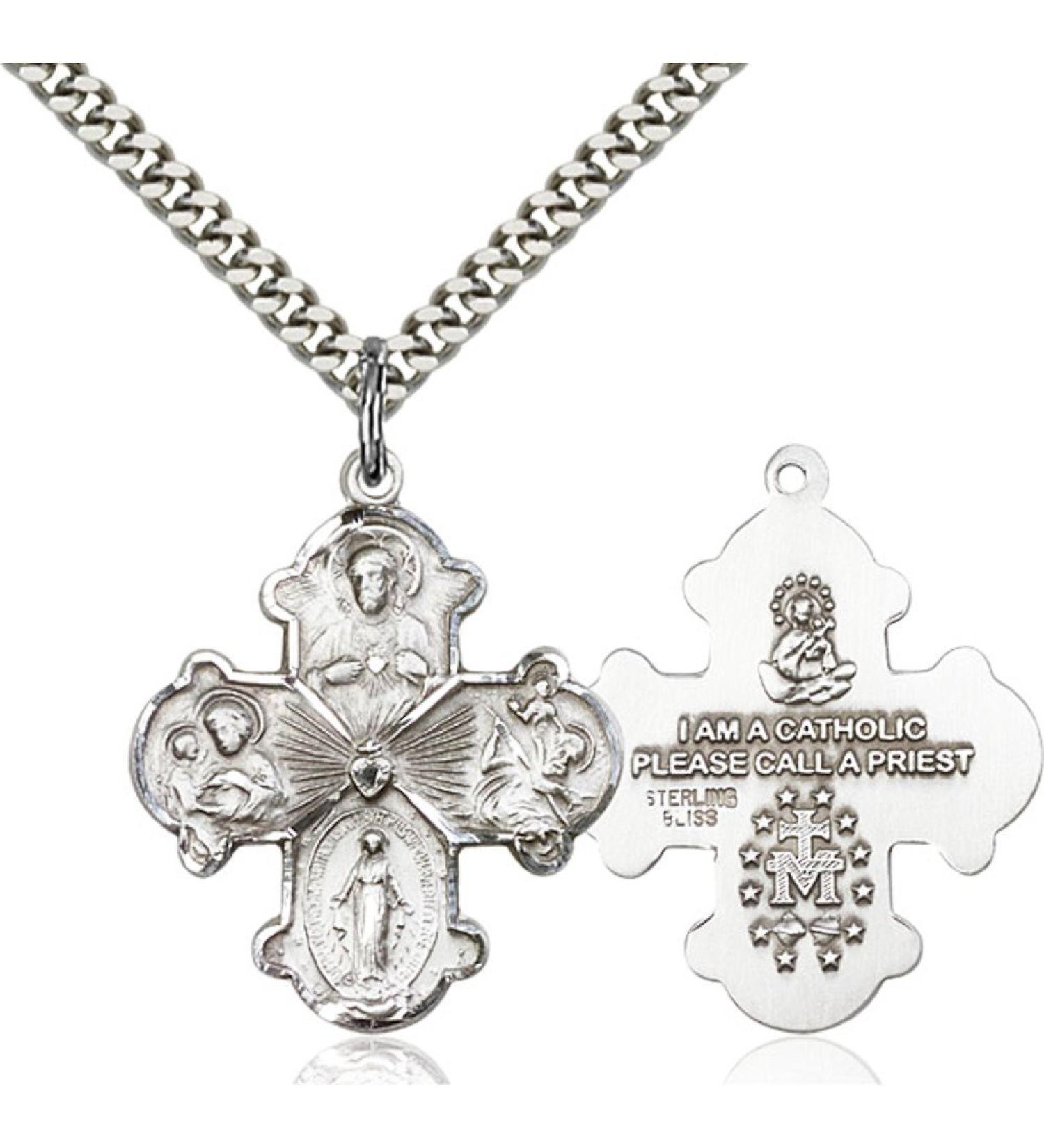 Sterling Silver 4-Way Pendant 1 1/8 x 7/8 inches with Heavy Curb Chain