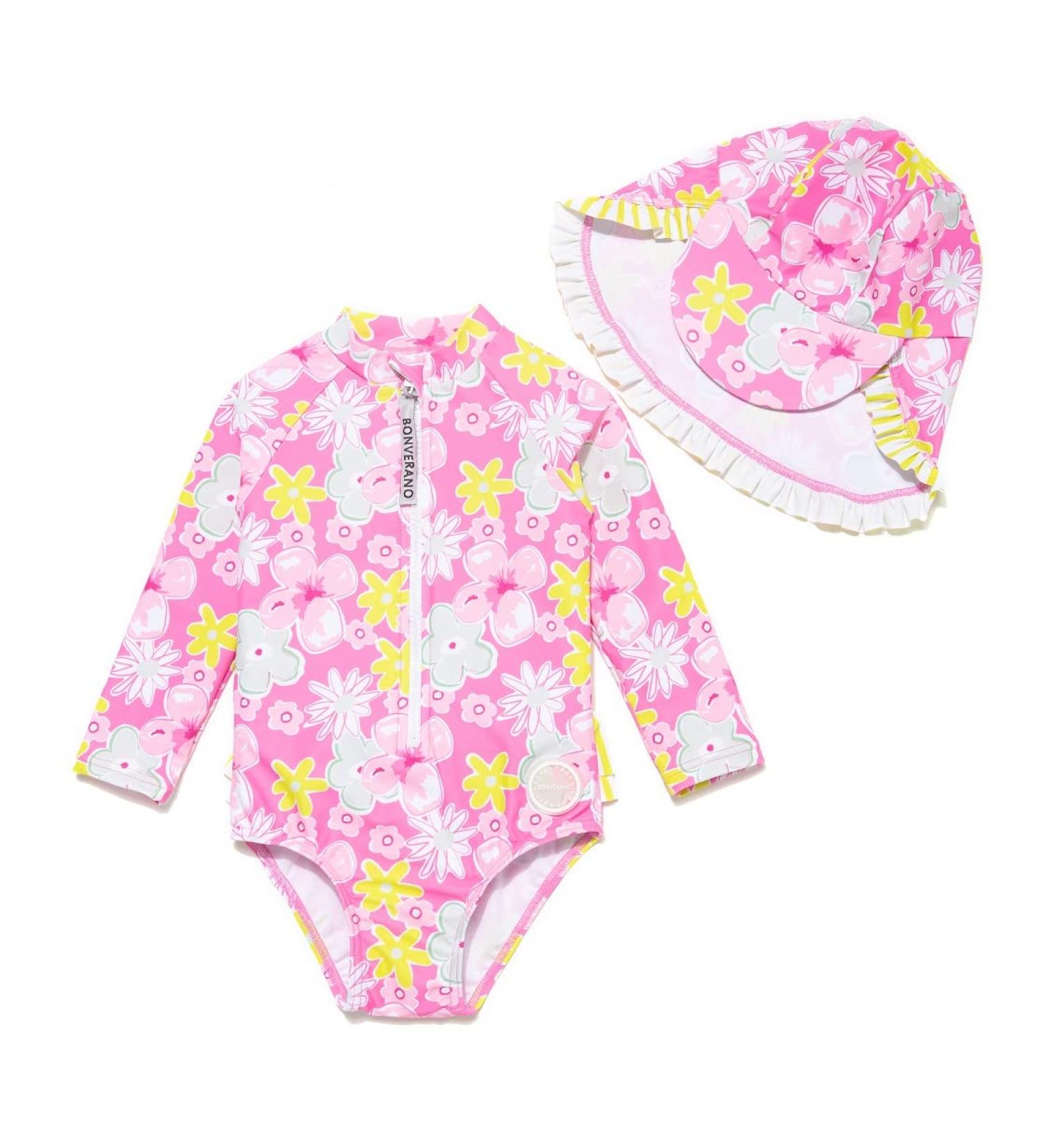 BONVERANO Baby Girls Long Sleeve Swimsuit UPF 50+ Sun Protection 18-24 Months Pink Yellow - Buy Online on GoSupps.com