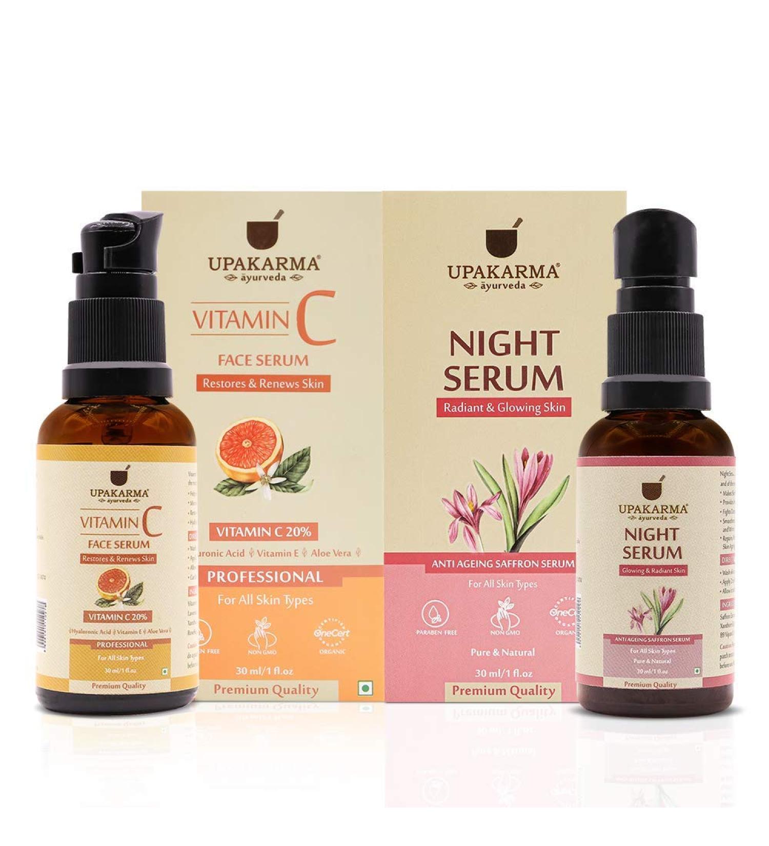 UPAKARMA Vitamin C Face Serum & Night Serum with Saffron 30ML - Hydrate & Renew Skin with Hyaluronic Acid Vitamin E & Aloe Vera - Pack of 2 Ultimate Combo - Buy Online on GoSupps.com