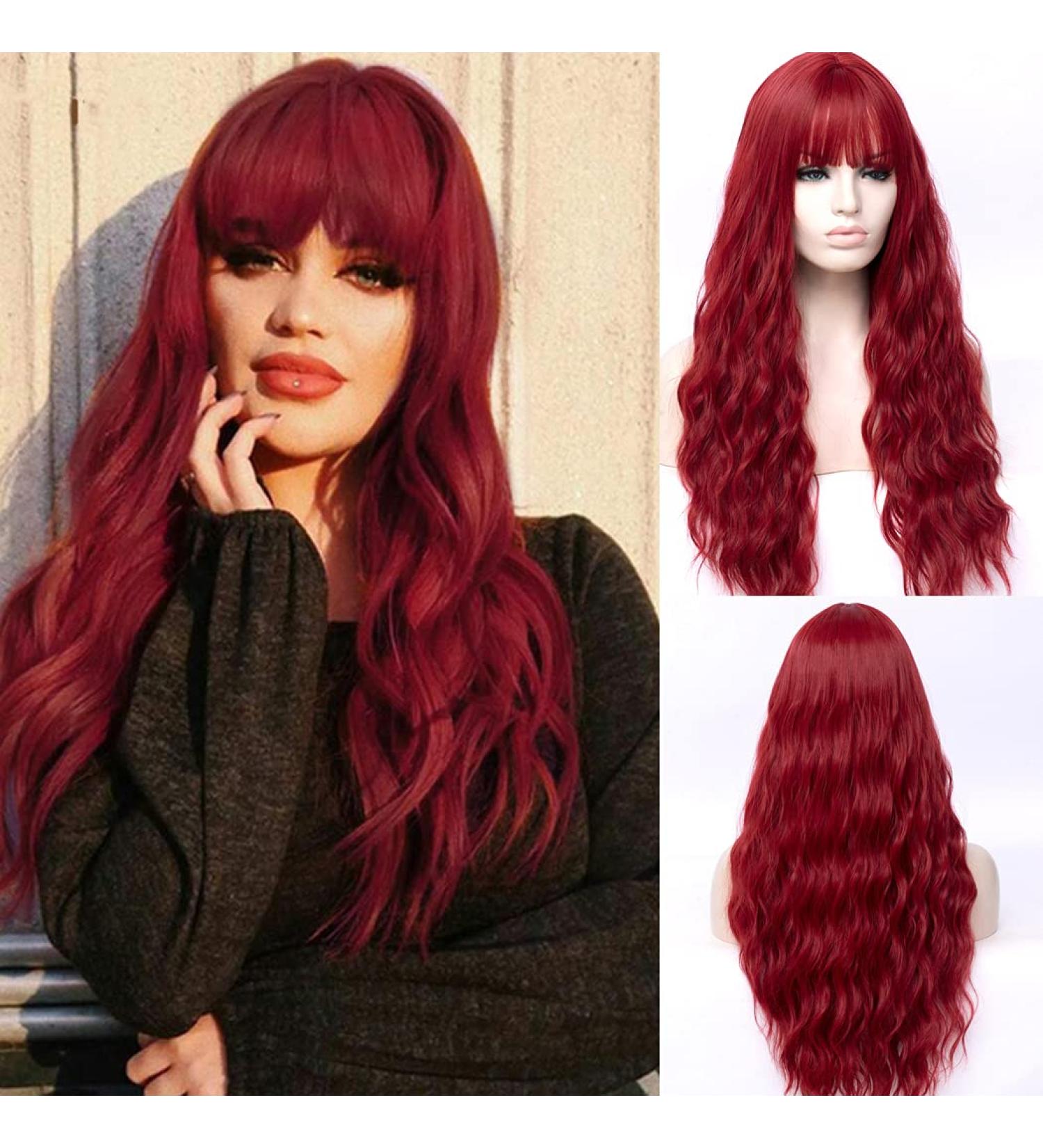 TANTAKO Long Curly Red Wig with Bangs for WomenSynthetic Halloween Cosplay Party Costume Red Wig 311 Red
