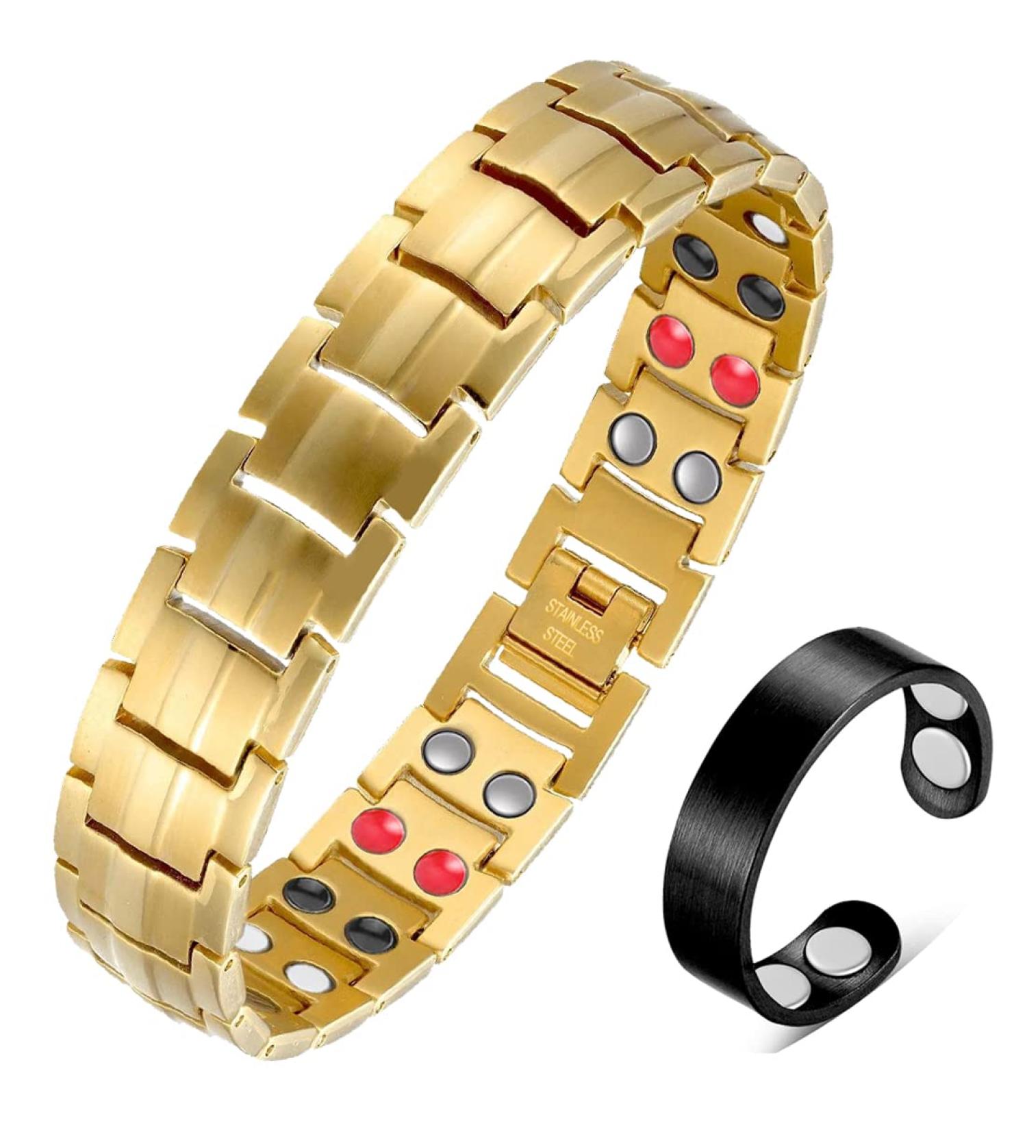 Vicmag Men Magnetic Bracelet - Titanium Steel Double Row 3500 Gauss Wristband with Adjustment Tool and Gift Box - Gold 4 Elements - Buy Online on GoSupps.com