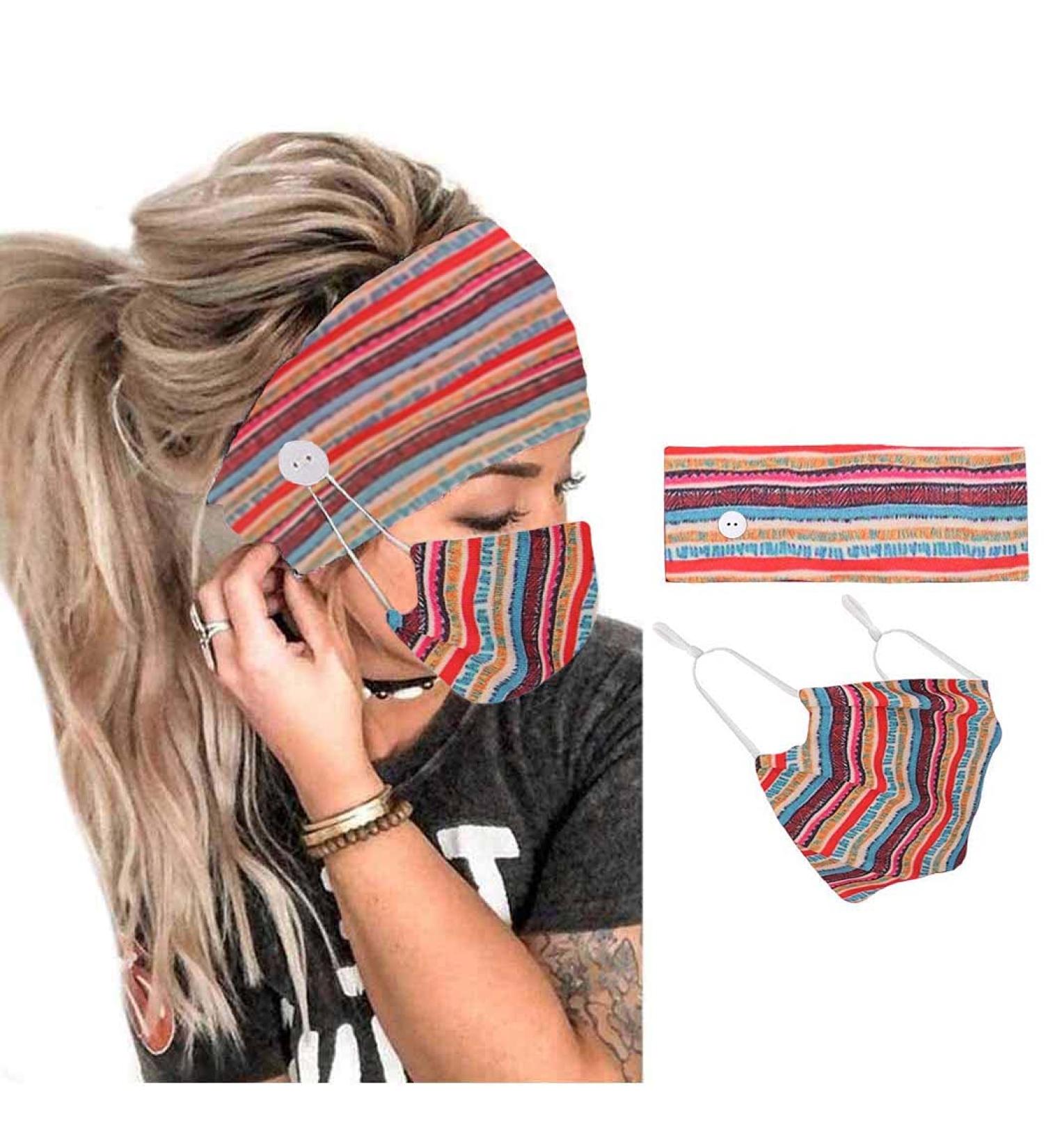 Boho Bandeau Headbands Leopard Headscarfs with Mask Buttons - Set of 2 Floral Hair Accessories for Women - Buy Online on GoSupps.com