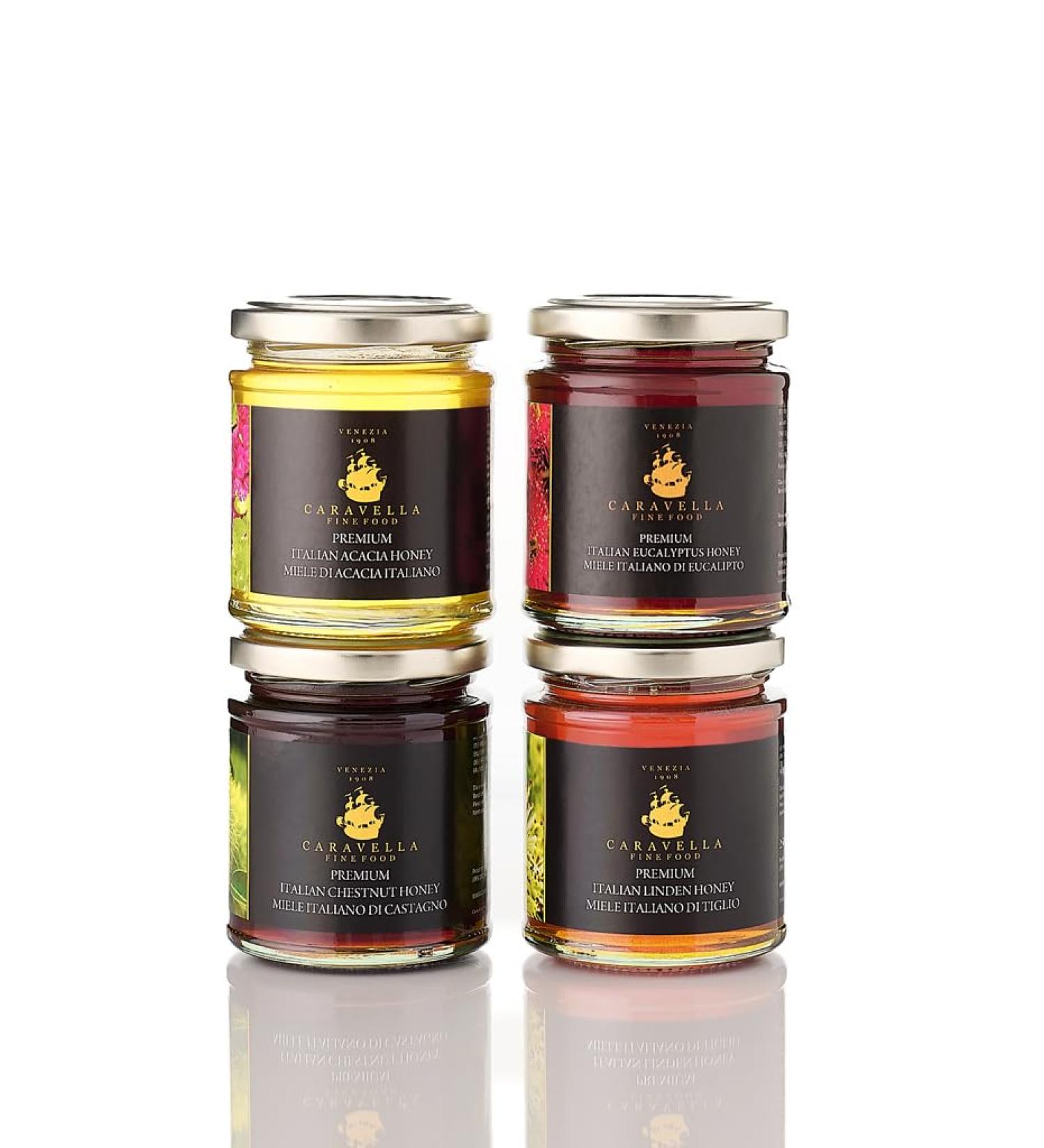 Set of 4 Caravella Collection Linden Honey 250g Chestnut Honey 250g Acacia Honey 250g Eucalyptus Honey 250g - Premium Pure Honey Raw Unpasteurized 100% Italian - Buy Online on GoSupps.com
