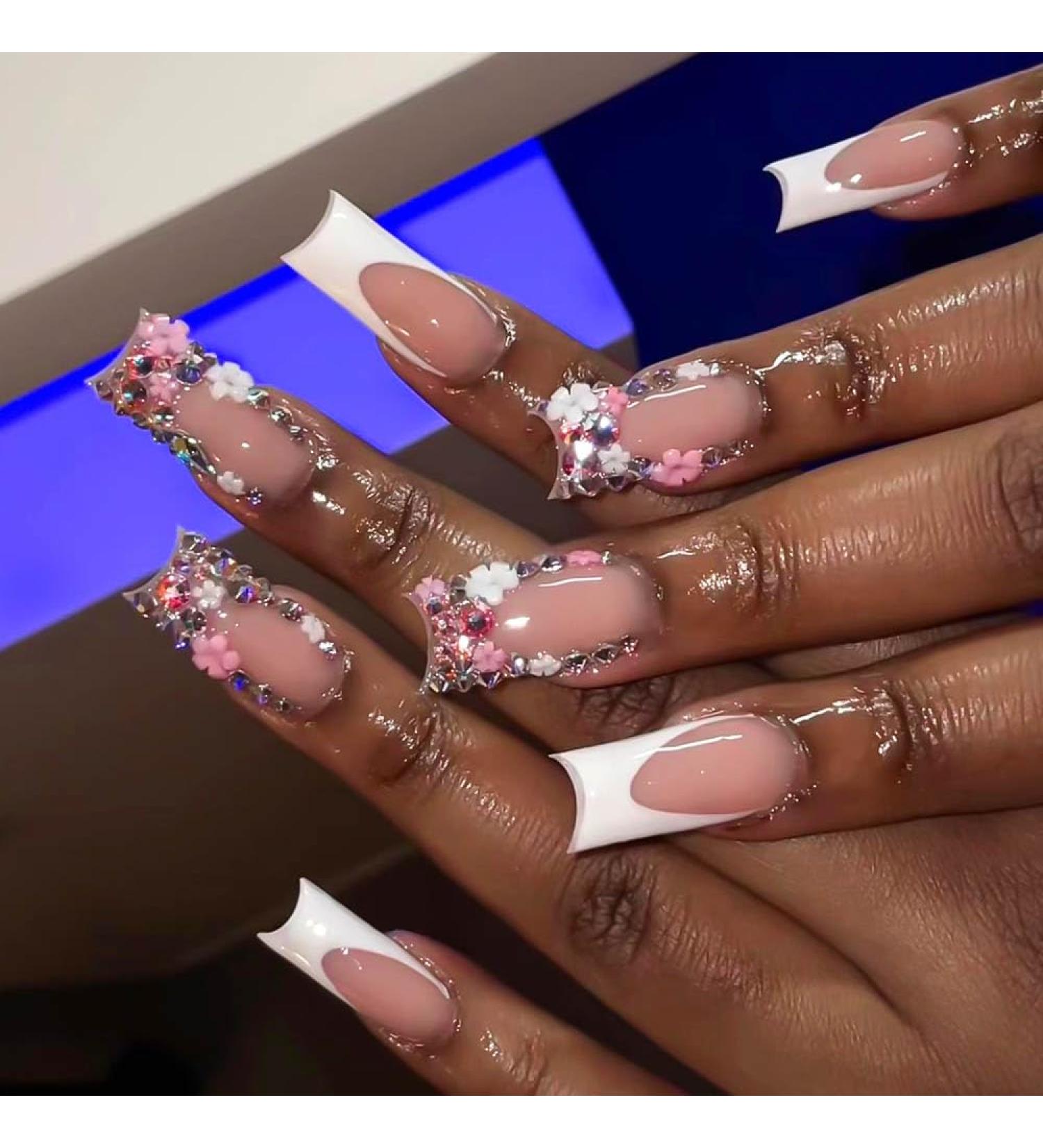 Shop Pink Glossy Ballerina French Press On Nails - 24Pc Acrylic False Nails with Rhinestones & White Tips for Women | International Shipping Available - Buy Online on GoSupps.com