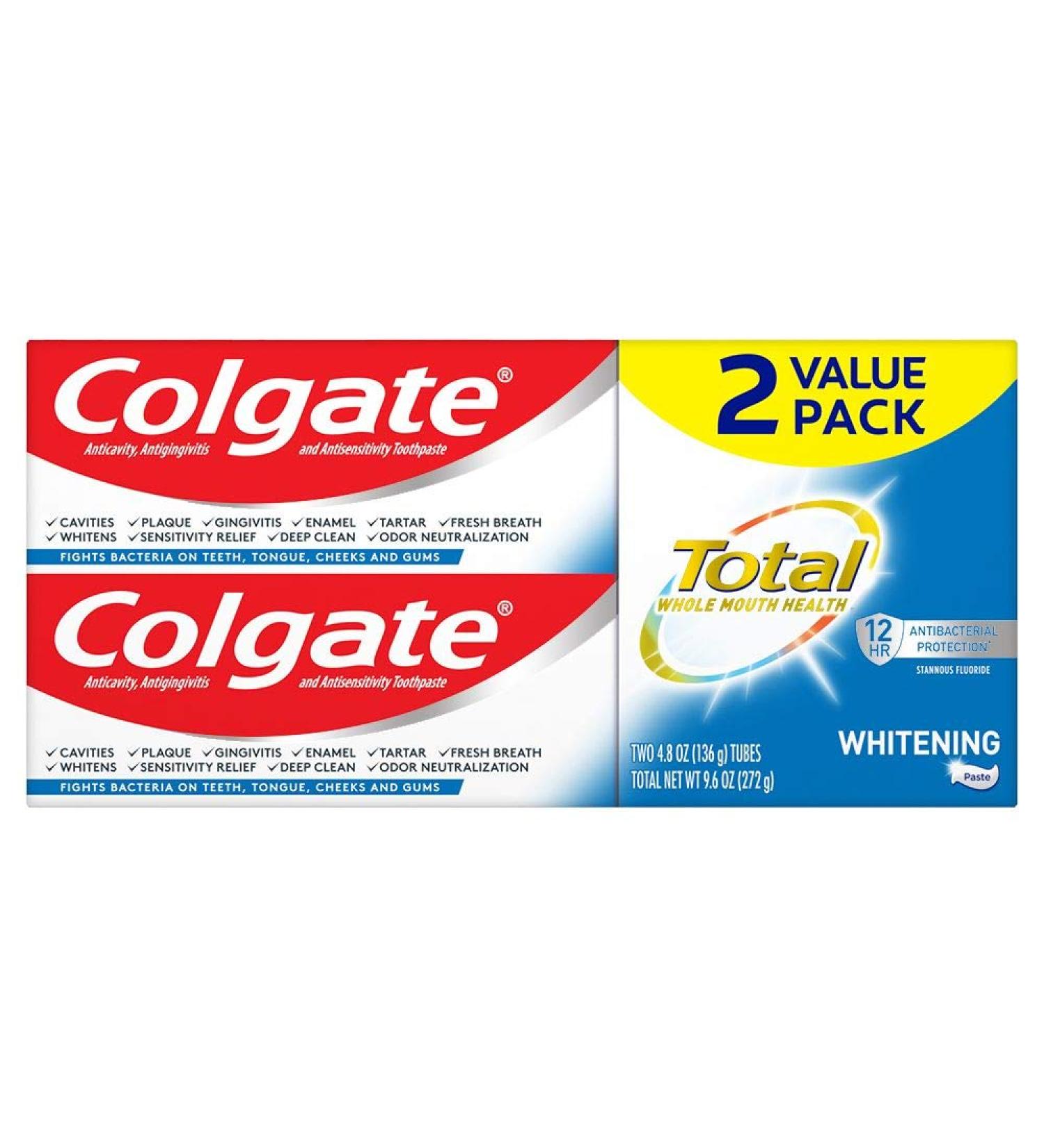 Colgate Total Whitening Toothpaste 9.6 oz - Stannous Fluoride & Zinc, Cavity Protection, Mint (Pack of 2) - Buy Online on GoSupps.com