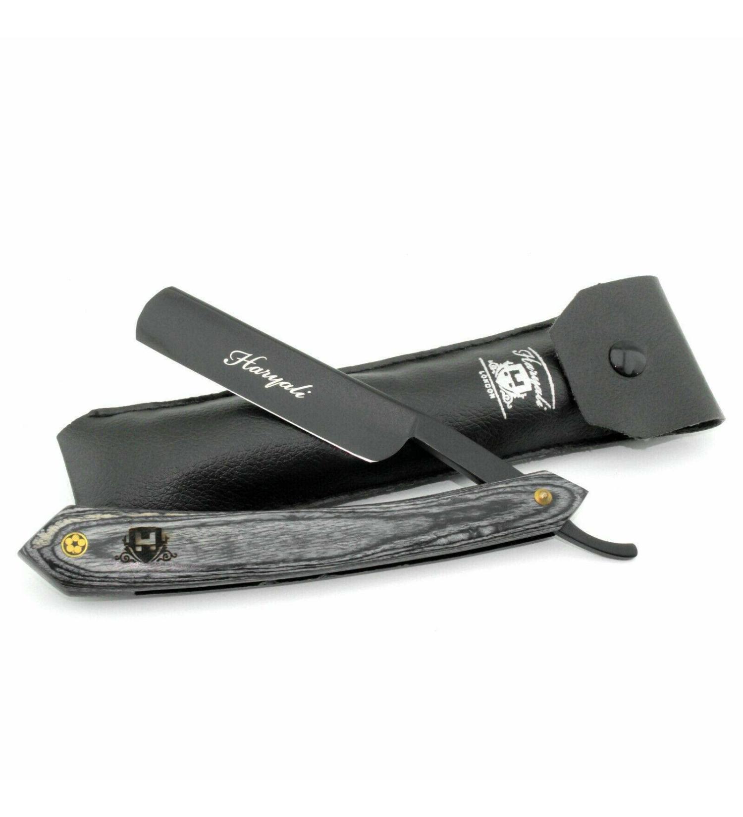 Haryali London Cut Throat Razierset - Wooden handle Straight Razor - Professional barber razor for men mustache & beard men razor set - black gray (Irish point scales)