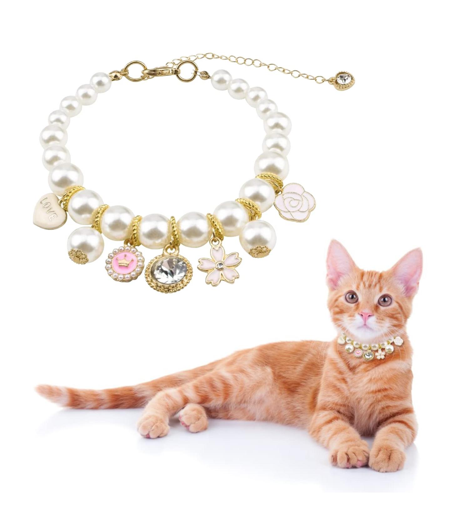 URROMA Pink Pet Pearl Collar - Adjustable Crystal Dog & Cat Necklace with Rhinestone Bling - Buy Online on GoSupps.com
