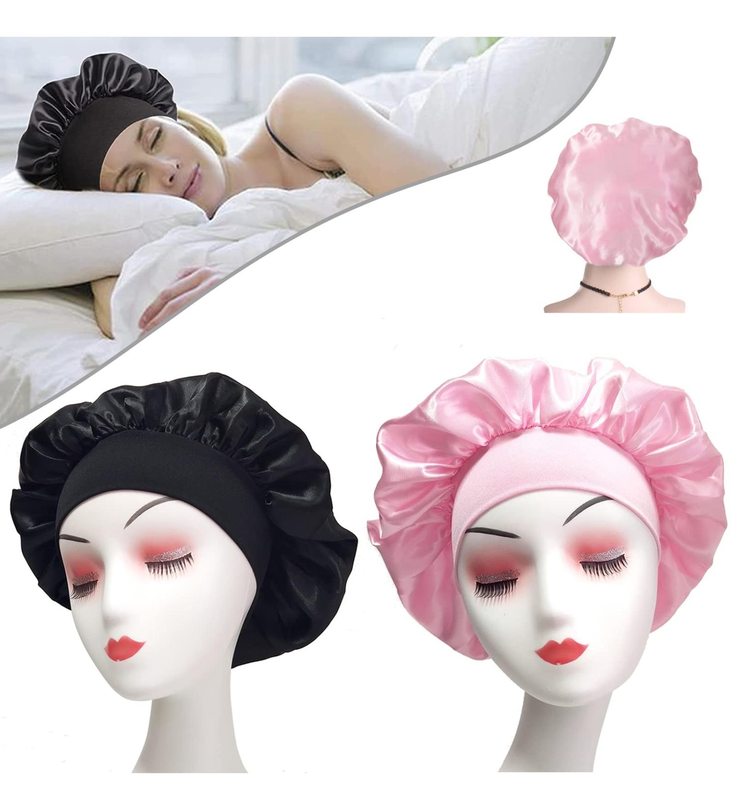 Silk Wide Band Hair Bonnet for Sleeping - 2pcs Black+Pink Set for Women & Girls - Buy Online on GoSupps.com