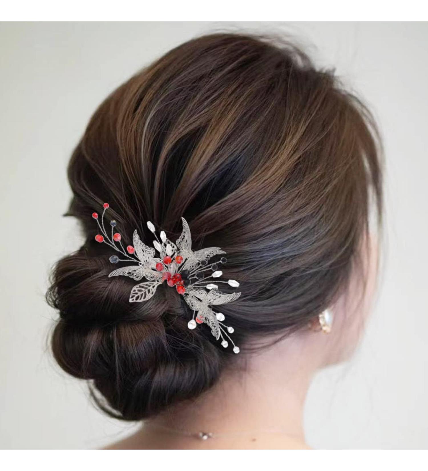 Edary Bride Wedding Hair Comb Silver Butterfly Headpiece Blak Bead Wedding Side Comb Leaf Bridal Hair Accessories for Women and Girls - Buy Online on GoSupps.com