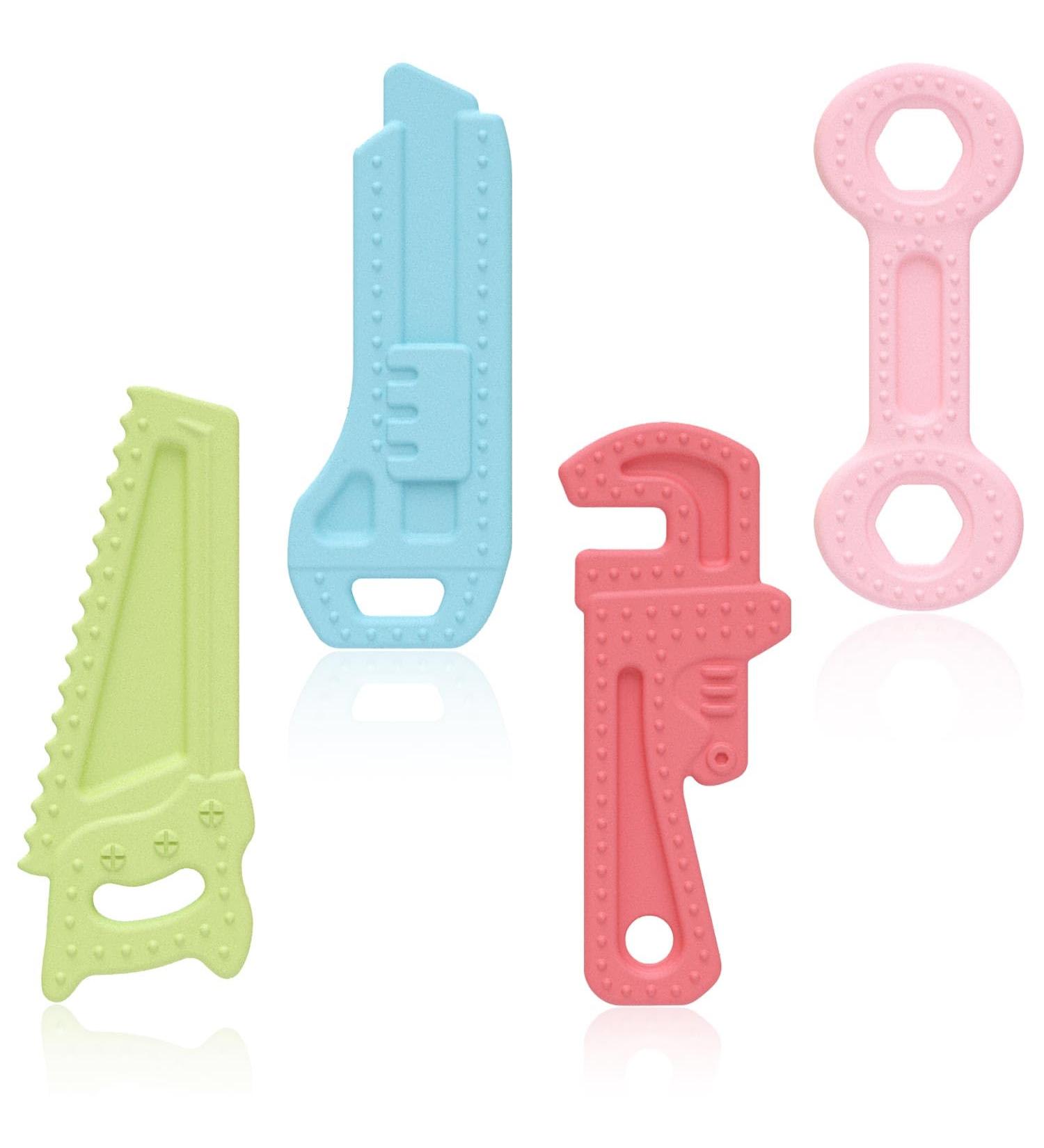 Airfish Baby Teething Toys | BPA-Free Soft Silicone Bite Rings for Babies - 4 Pack Pink Blue Red Green | Easy-to-Hold Handles - Buy Online on GoSupps.com
