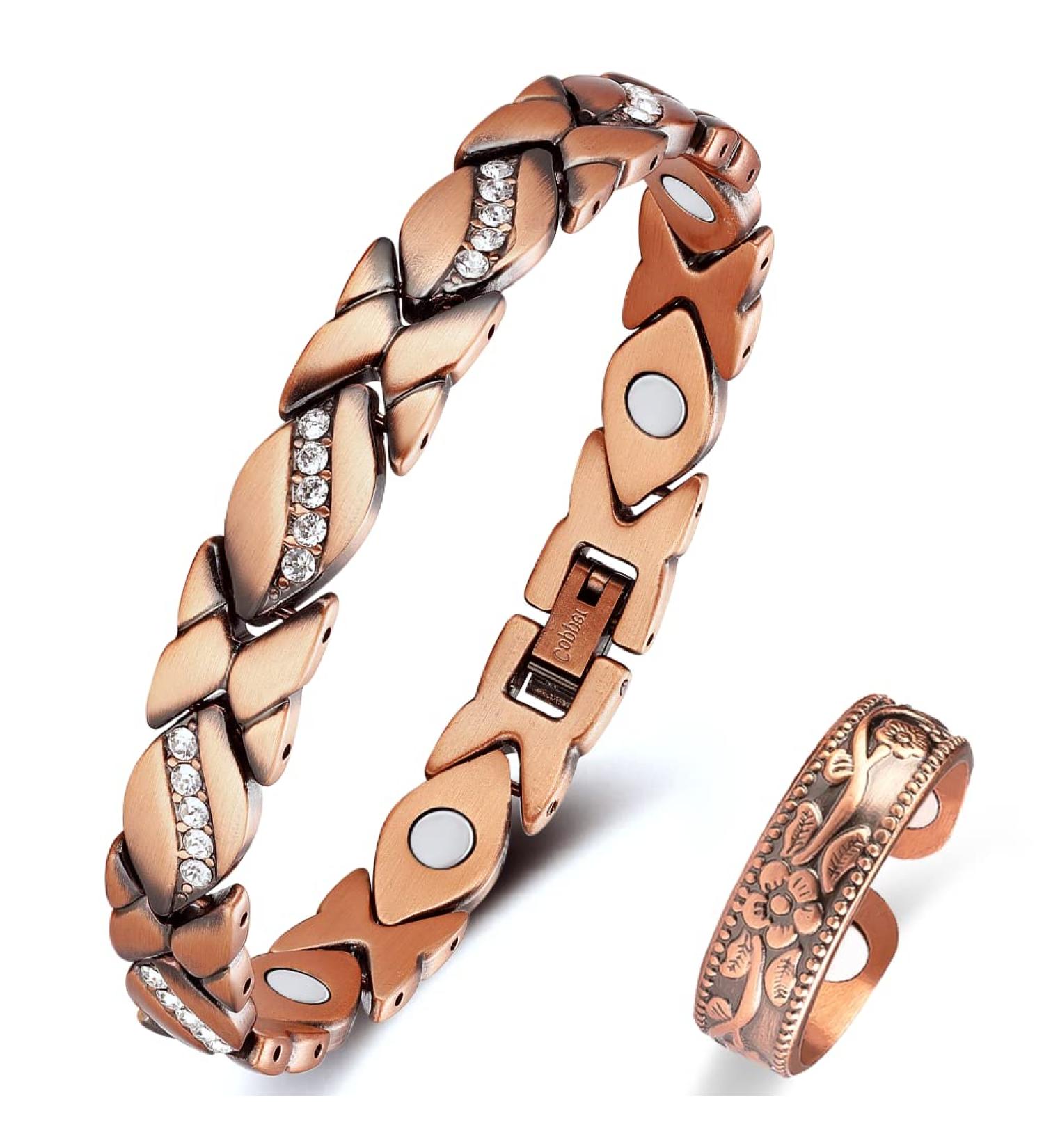 Vicmag Copper Magnetic Bracelet & Ring for Women - 3500 Gauss Magnet Jewelry Set with Adjust Tool - Crystal Flower Design - Gift for Joint Health - Buy Online on GoSupps.com