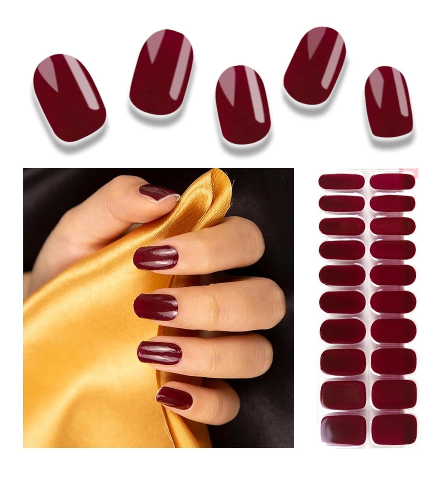 Foyute Semi Cured Gel Nail Strips 20 Pcs Soft Self-Adhesive Gel Nail Polish Wraps Sticker for Salon-Quality Manicure Set Long Lasting Easy to Apply & Remove Nail File & Wooden Stick (Grape purple A) - Buy Online on GoSupps.com