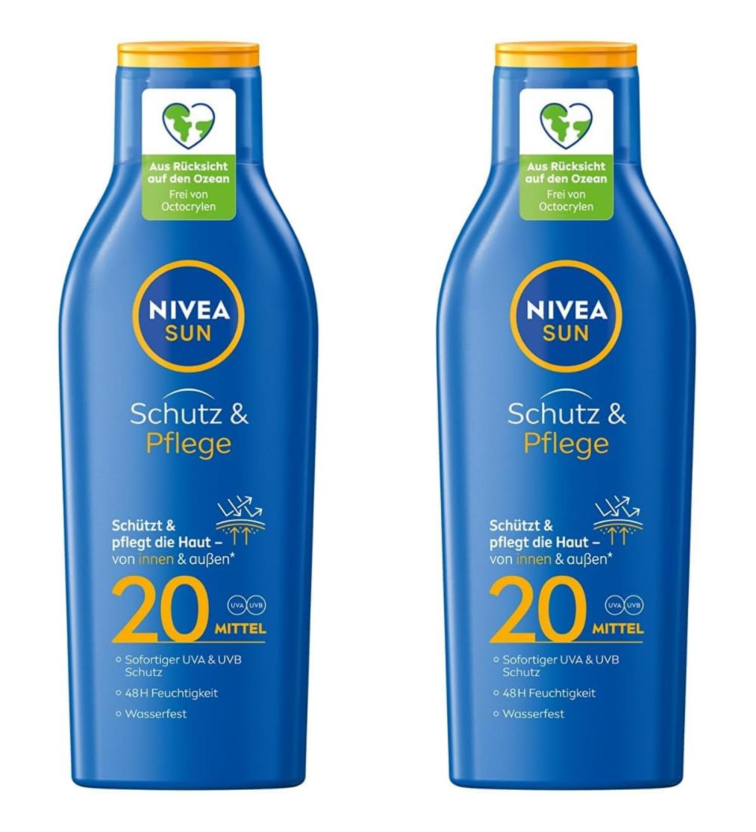Nivea Sun Protection & Care Sun Milk LSF 20 - 250ml (2-Pack) | 48h Moisture & Immediate UVA/UVB Protection - Buy Online on GoSupps.com
