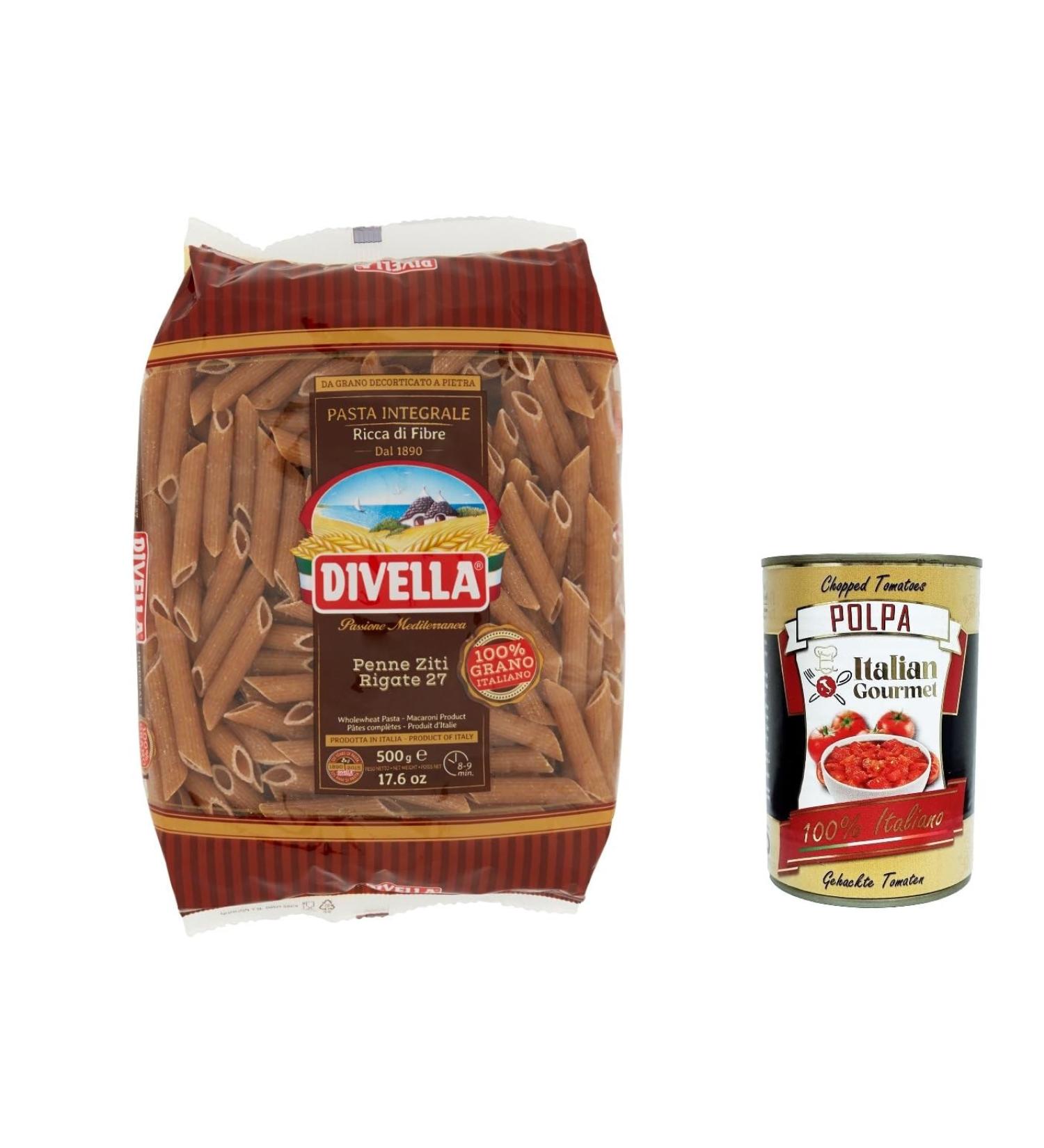  Italian Gourmet E.R. Pasta Divella Penne ziti rigati Pack of 10 Italian whole wheat pasta no. 27 500g + Italian Gourmet Polpa 400g - Buy Online on GoSupps.com