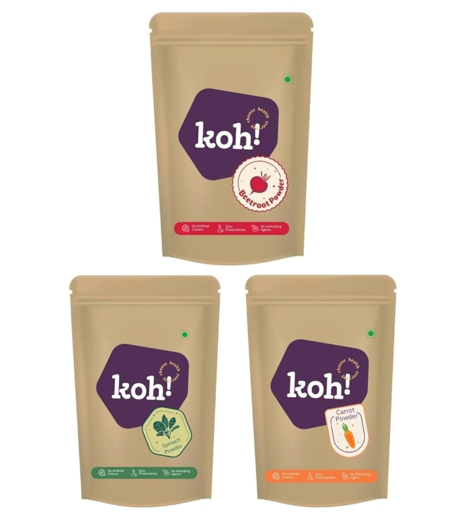 KOH Super Veggie Trio Combo Pack of 3 - Beetroot Carrot & Spinach Powder | Pure & Natural Superfoods for Cooking Smoothies & Skincare | Rich in Vitamins Protein Fiber | No Additives