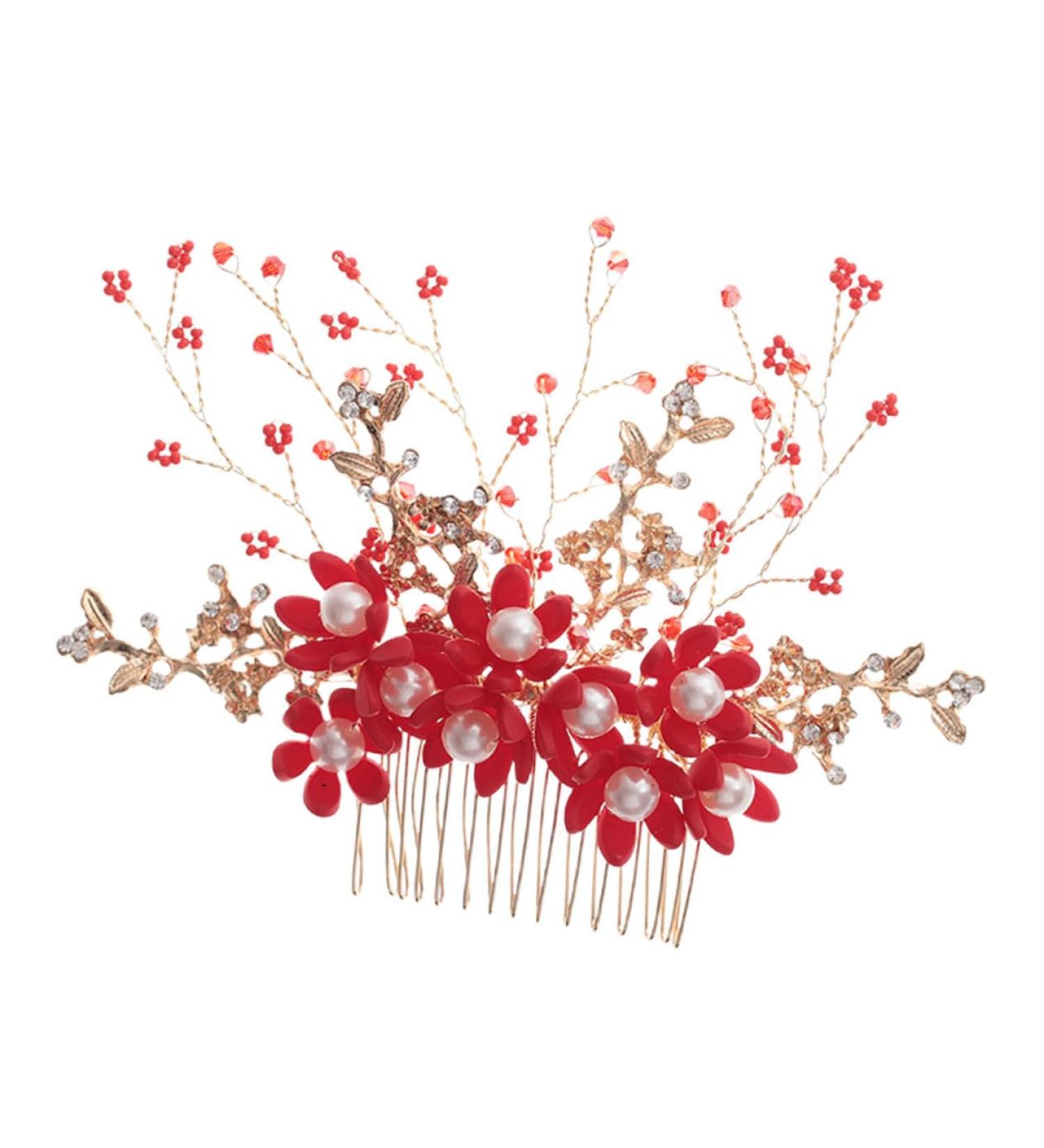 HAPINARY Handmade Comb Hair Insert Comb Bridal Headpiece Flower Hair Combs Wedding Side Comb Wedding Hair Combs Pearl Comb Clip Crystal Headpiece Tiara Red Hanfu Bride Headgear - Buy Online on GoSupps.com