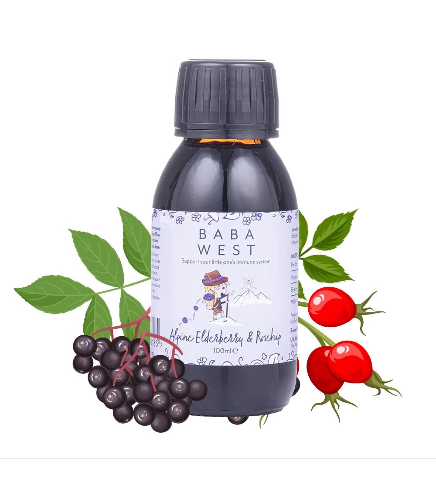Baba West Alpine Elderberry & Rosehip Juice | With Vitamin C | Antioxidants And Vitamins | 100ml - Buy Online on GoSupps.com