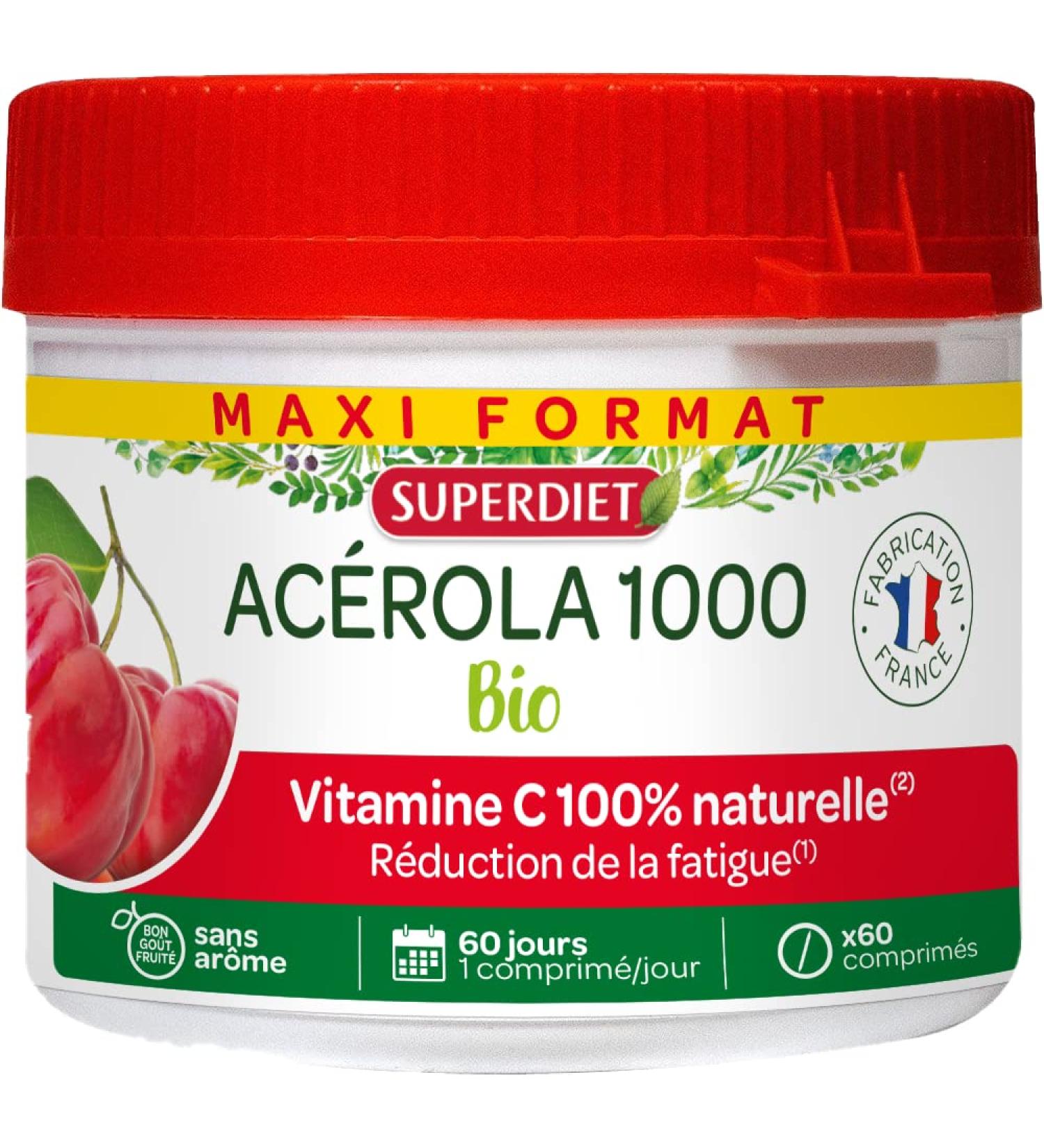 SUPERDIET- ACEROLA 1000 ORGANIC - High concentration of Vitamin C - Reduction of fatigue - Maxi pot of 60 chewable tablets - Buy Online on GoSupps.com