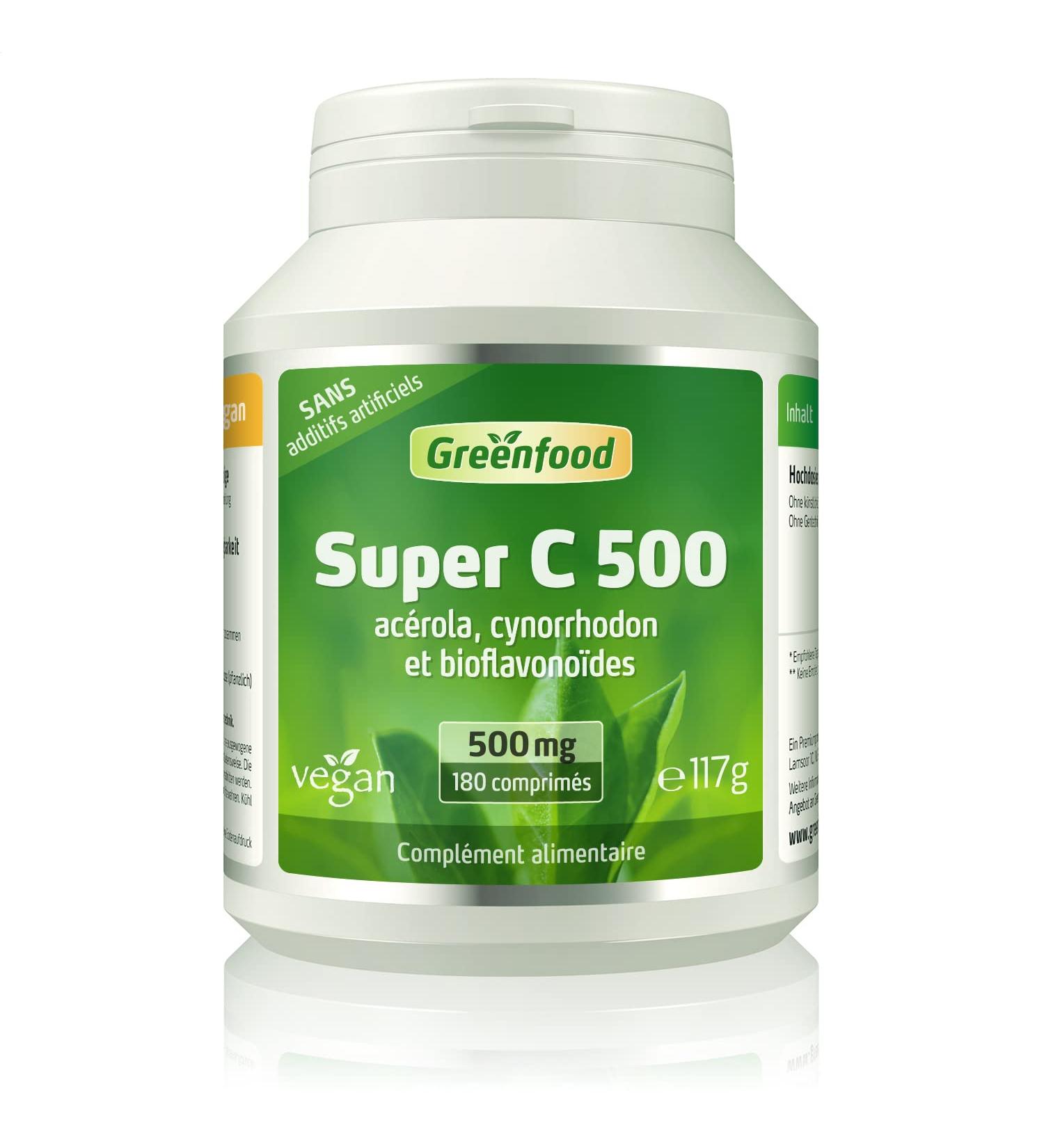 Greenfood Super C 500 mg de vitamine C dose lev e 180 comprim s - avec acerola pointe de rose et bioflavono des aide r duire la fatigue .SANS additifs artificiels. Sans g nie g n tique. Vegan. - Buy Online on GoSupps.com