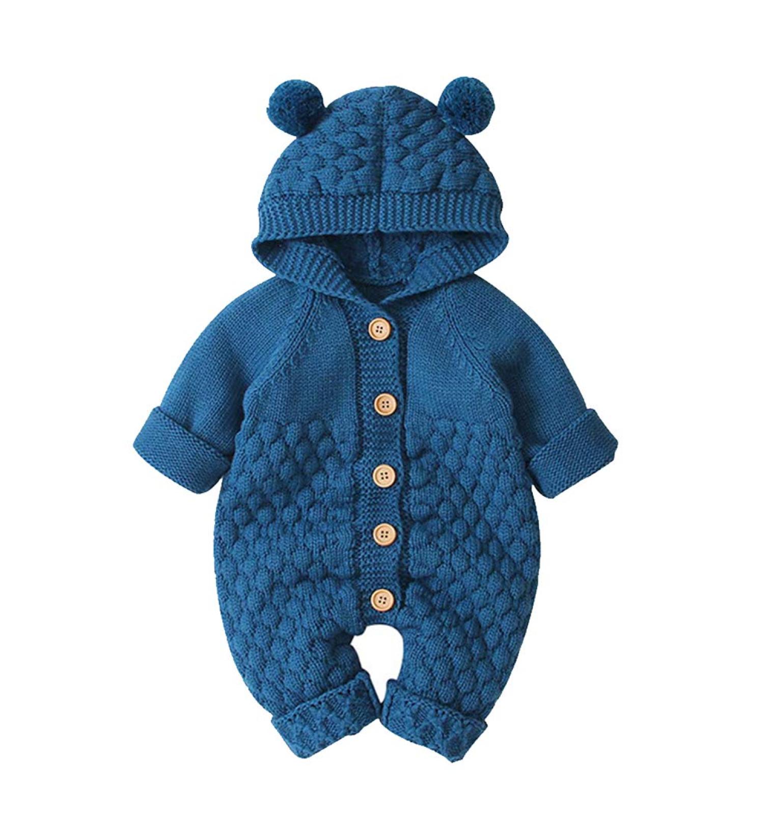 Knitted Hooded Romper Bodysuit | Baby Boy Girl Clothes | Long Sleeve | Fall Winter Jumpsuit | Blue Hairball | 0-6 Months - Buy Online on GoSupps.com