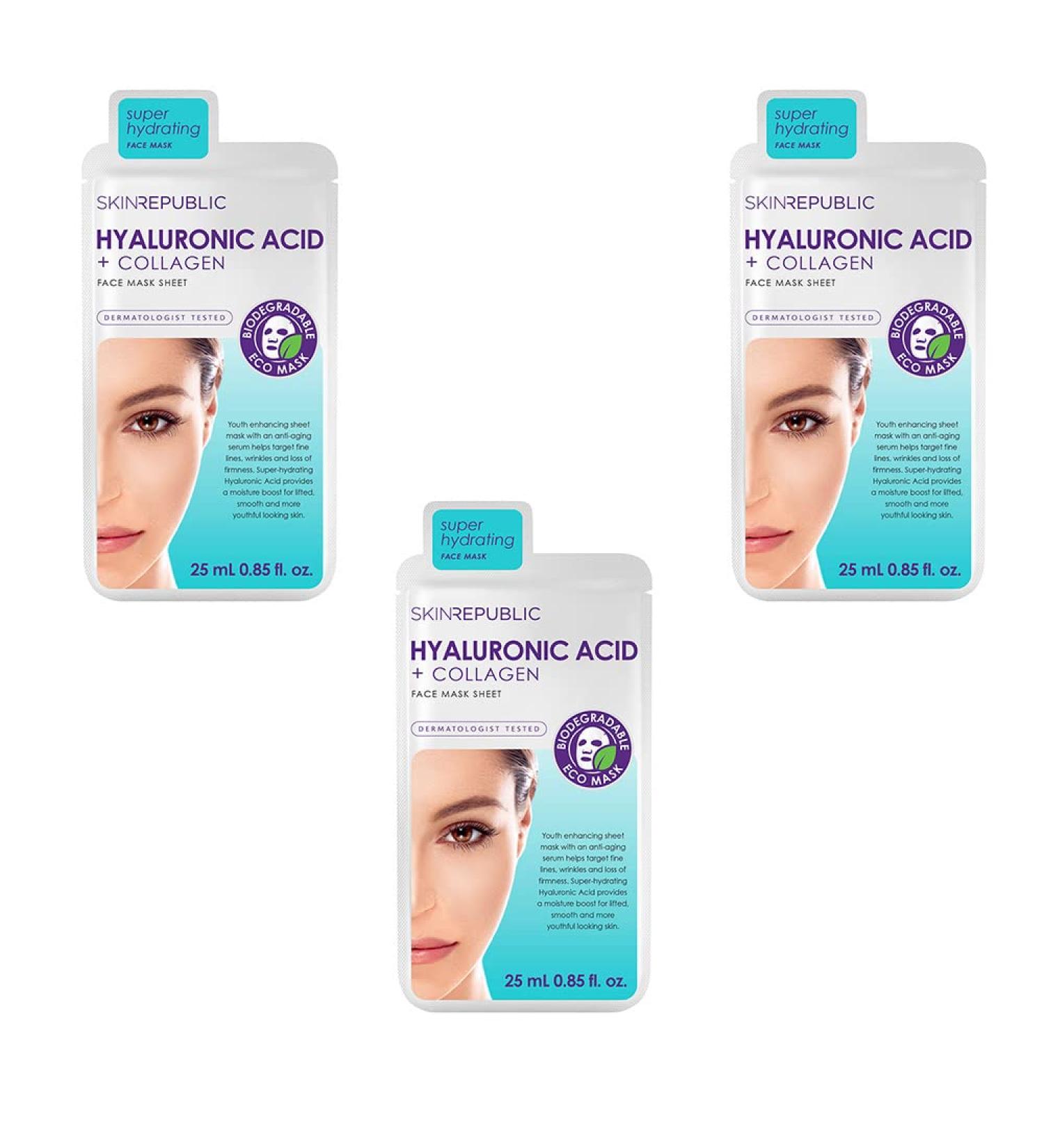 Skin Republic Hyaluronic Acid & Collagen Face Mask For Younger Looking Skin Helps with Fine Lines and Wrinkles Long Lasting Hydration 25ml TRIO - Buy Online on GoSupps.com