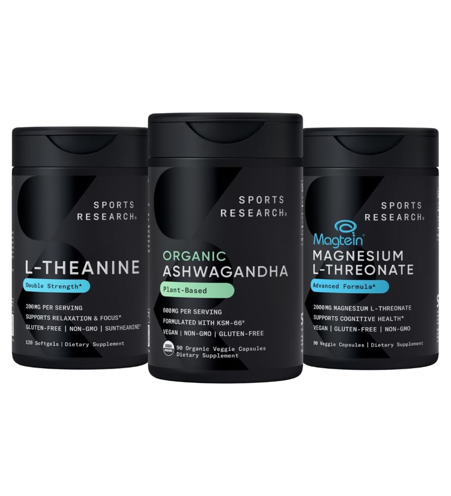 Sports Research Sleep Pack - Organic Ashwagandha Adaptogen for Relaxation Calm & Sleep Support 600 mg + Magnesium L-Threonate Capsules 2000mg + L-Theanine 200mg - Buy Online on GoSupps.com
