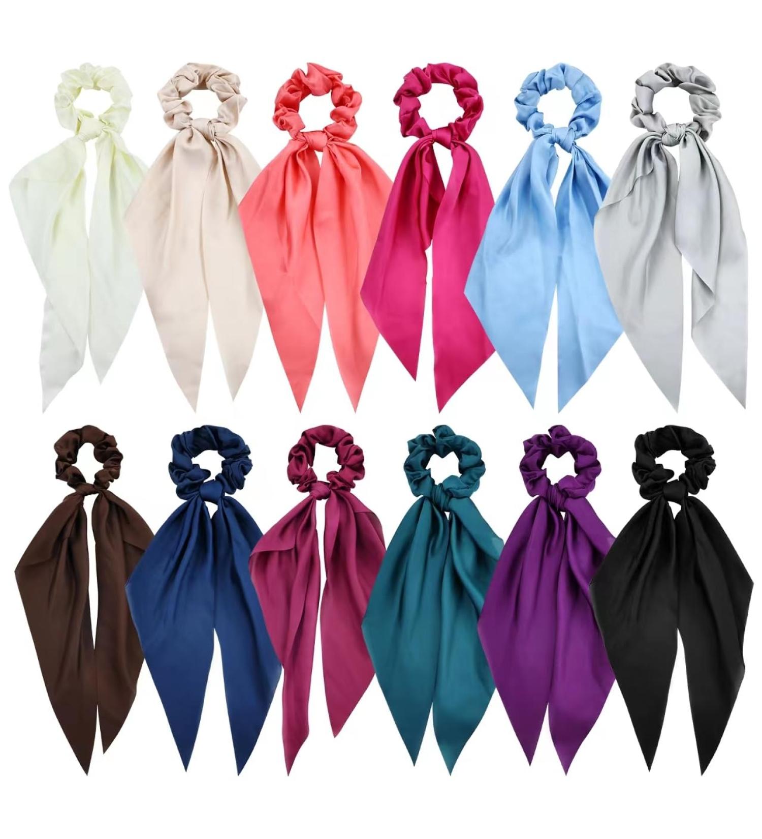 Cinaci 12 Pieces Solid Silky Satin Chiffon Hair Ties with Long Ribbon Bow Tail Hair Scrunchies Ponytail Holders Rubber Bands Accessories for Women Girls Teens - Buy Online on GoSupps.com