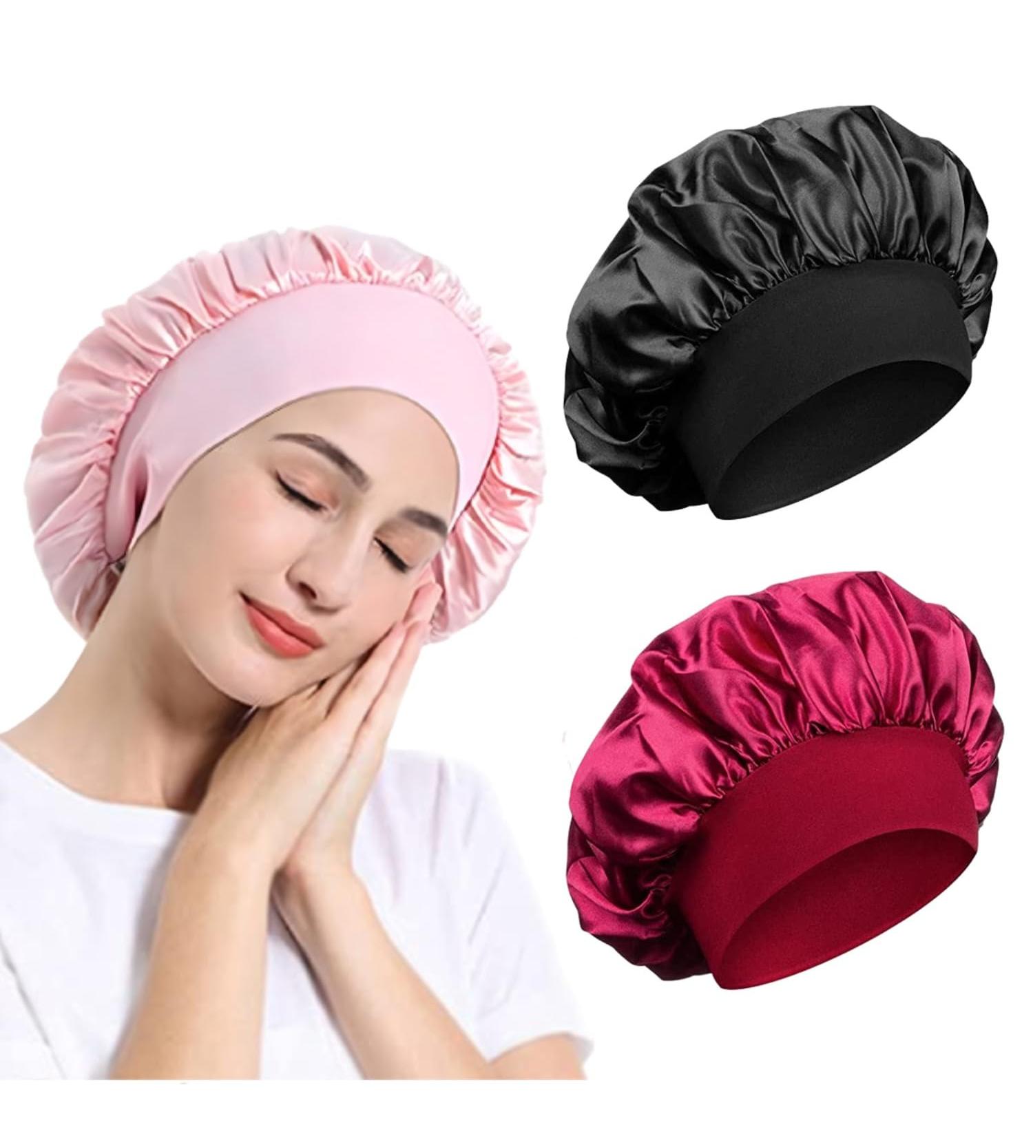 3 Pack Satin Bonnet Night Sleep Caps with Wide Elastic Band Silk Wrap Soft Head Cover Sleeping Hat for Women and Girls Curly Hair M-L Pink Black Red - Buy Online on GoSupps.com