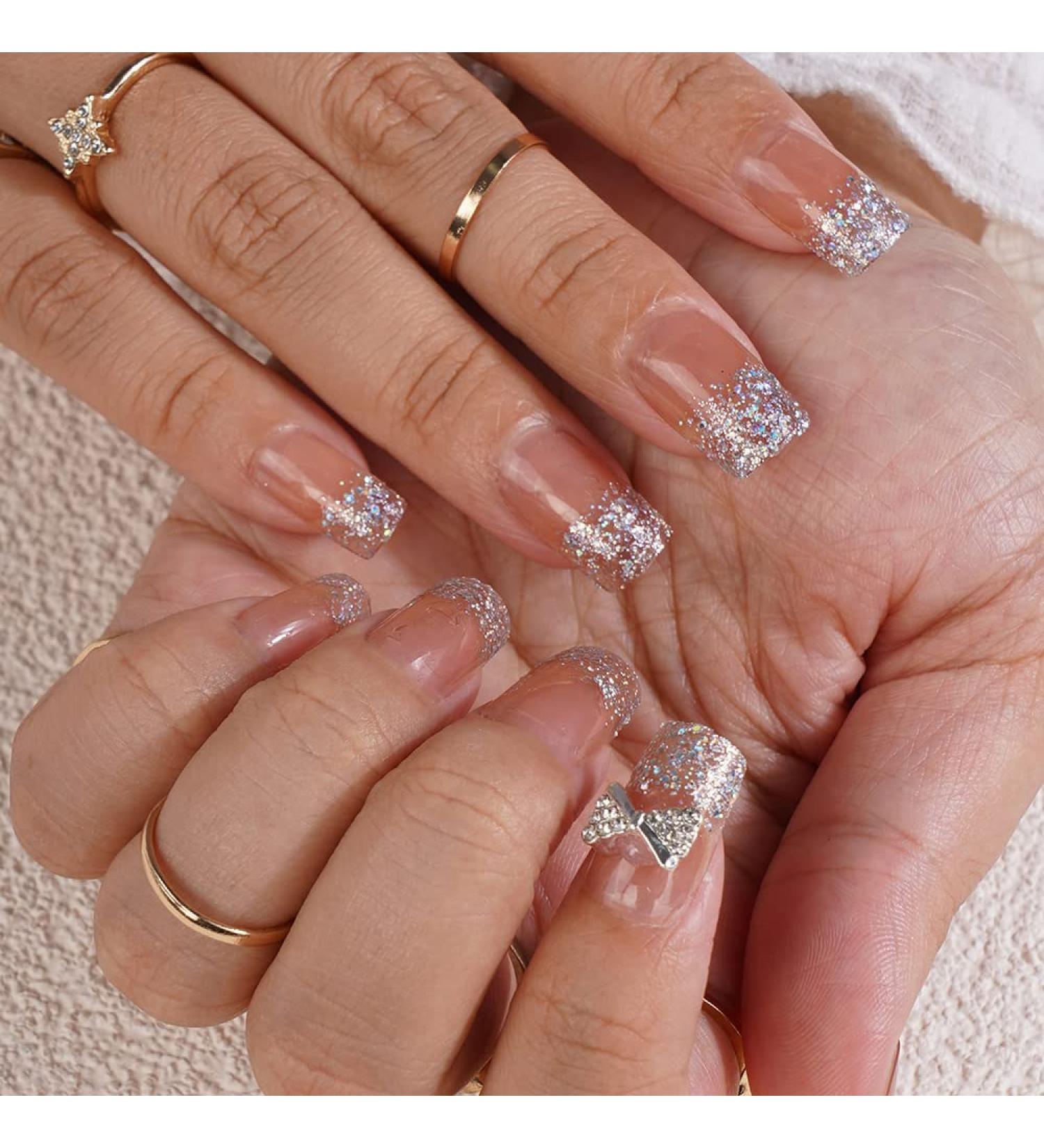 Xerling Bling Glitter Medium Length Fake Nails with Bow-knot Charms | 24Pcs Press-On Nail Art for Women - Buy Online on GoSupps.com