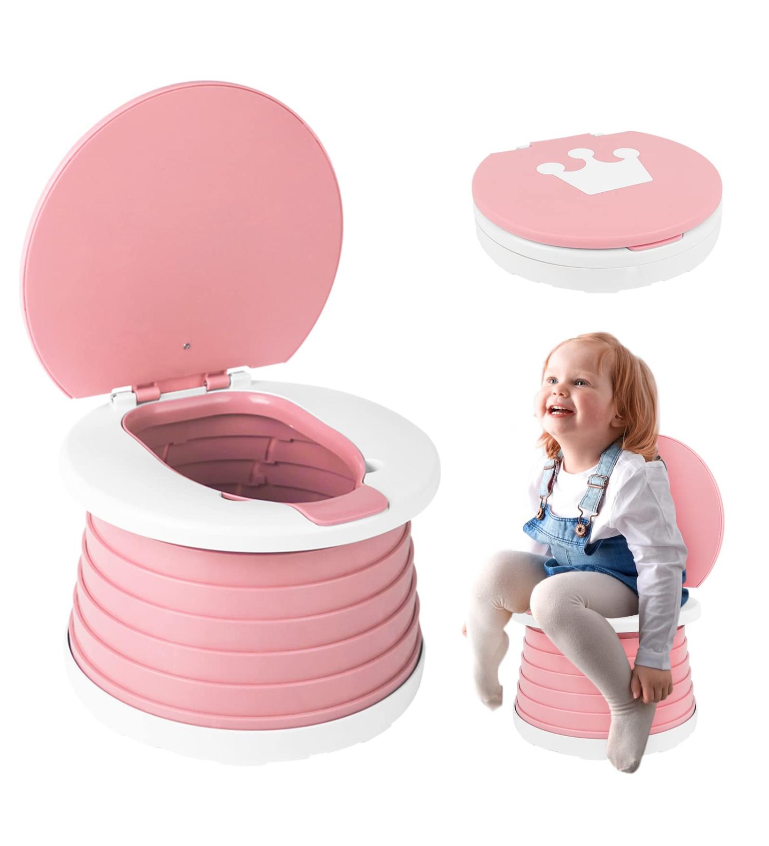 AutoTime Portable Travel Potty for Girls - Foldable Potty Seat with 15 Cleaning Bags - Perfect for Travel, Car, Camping - Pink - Buy Online on GoSupps.com