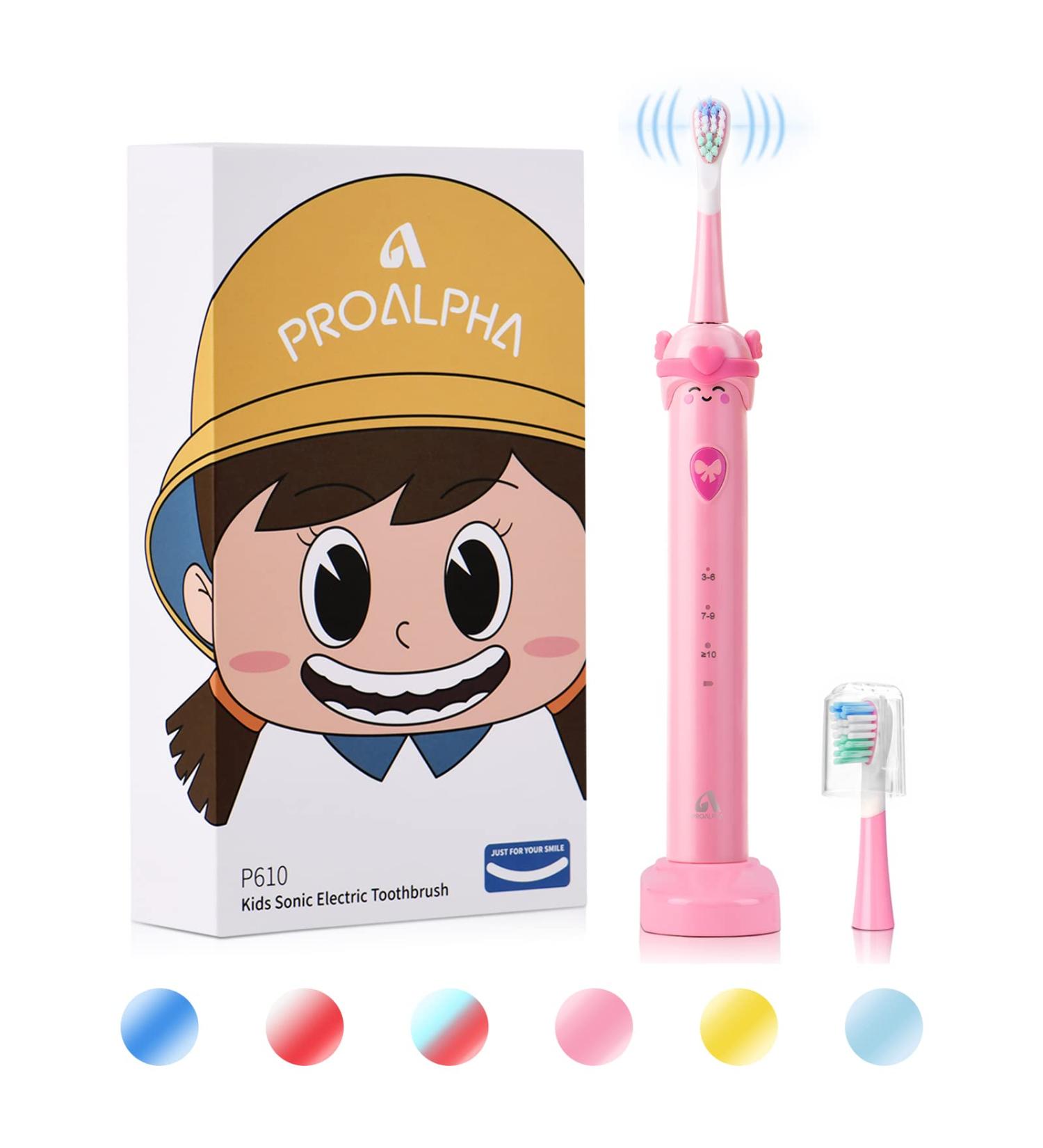 Girls Proalpha Electric Toothbrush for Kids Age 3-12 | Rechargeable Sonic Toothbrush with Timer | 2 Reminder Brush Heads | IPX7 Waterproof | Pink - Buy Online on GoSupps.com