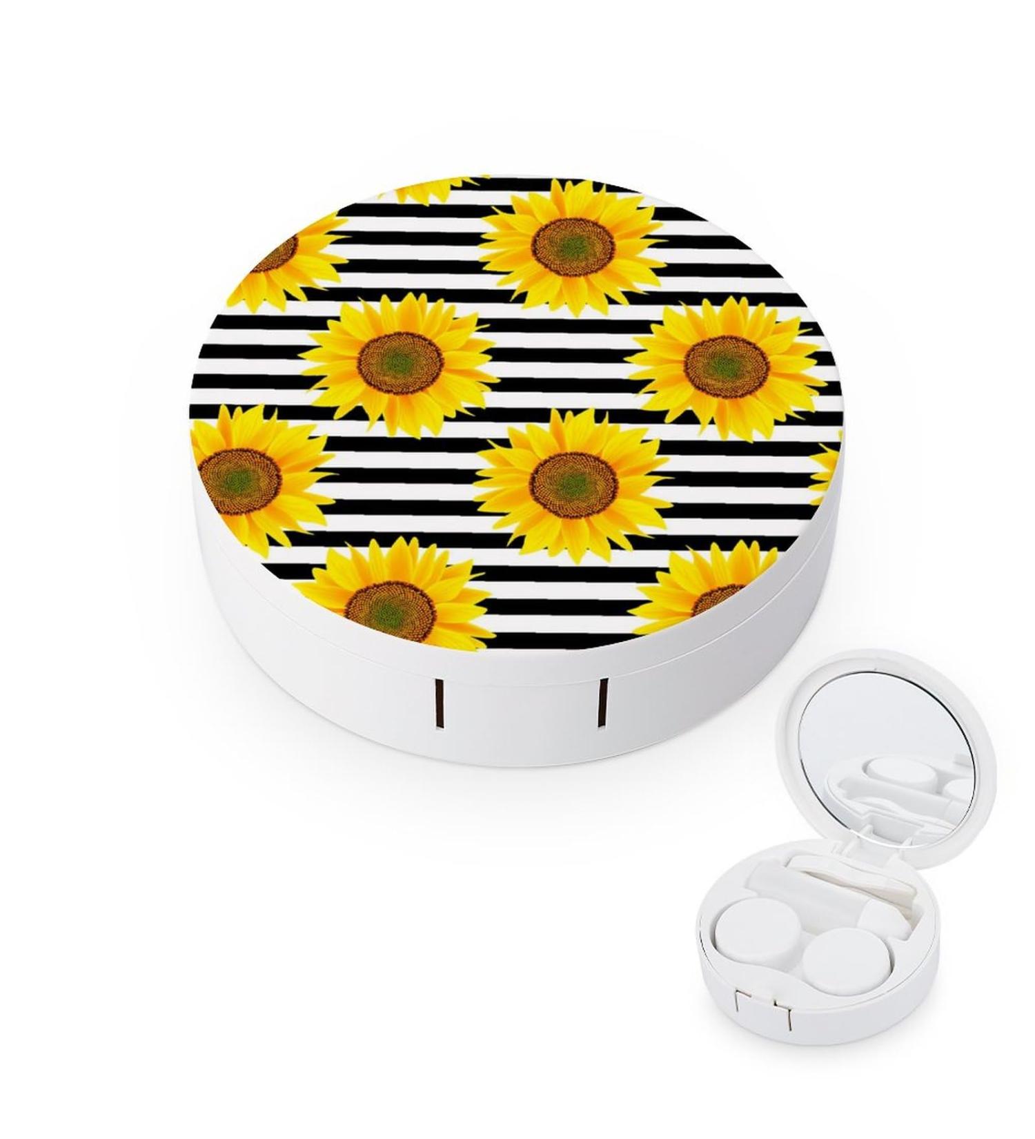 Sunflowers on Black & White Striped Contact Lens Case | Portable Travel Box with Mirror - Perfect for Easy Lens Care - Buy Online on GoSupps.com